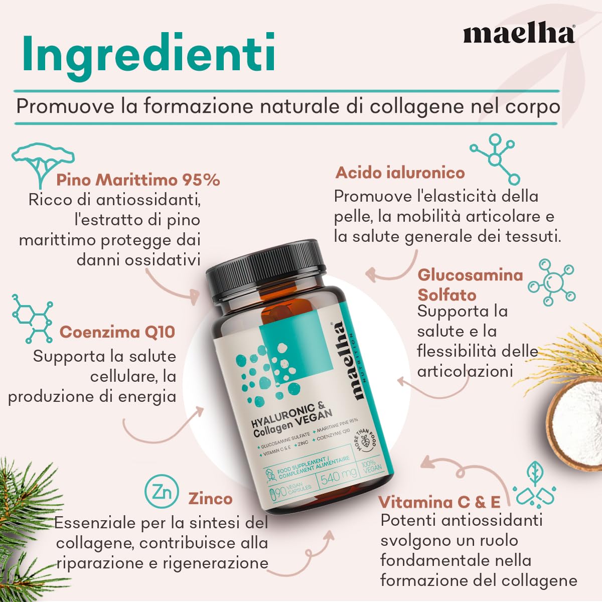 Acido Ialuronico e Collagene VEGANO | Integratore collagene vegano con acido ialuronico | Formula Concentrata con Vitamina C & E, Zinco, Coenzima Q10 e Pino Marittimo | 90 Capsule | 100% Naturale