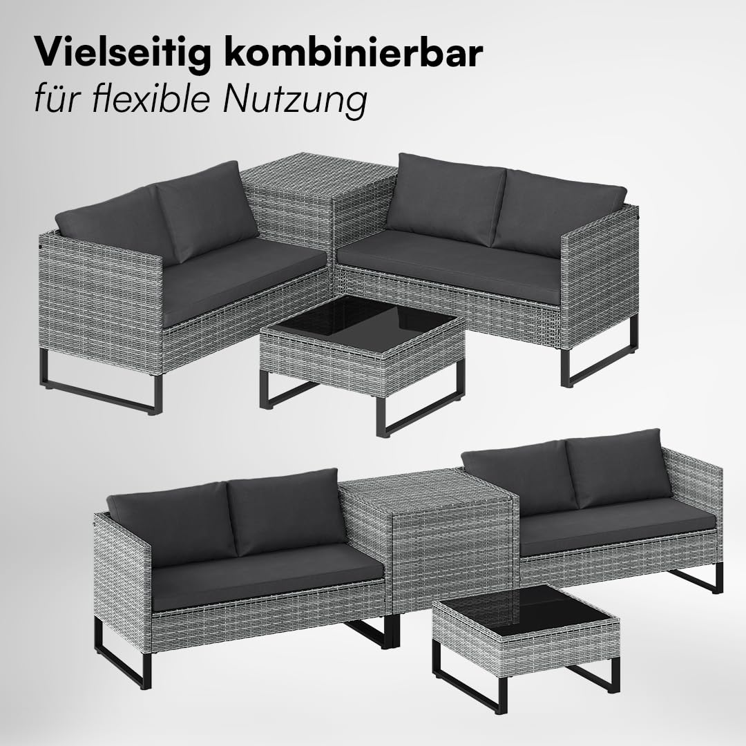 STEELSØN Alniyat Rattan Gartenmöbel Set 4-TLG. – Gartenlounge mit Bänken, Tisch & Auflagenbox – Sitzgruppe Outdoor grau/anthrazit Garten/Balkon/Terasse – Sitzgarnitur Set Metallgestell wetterfest