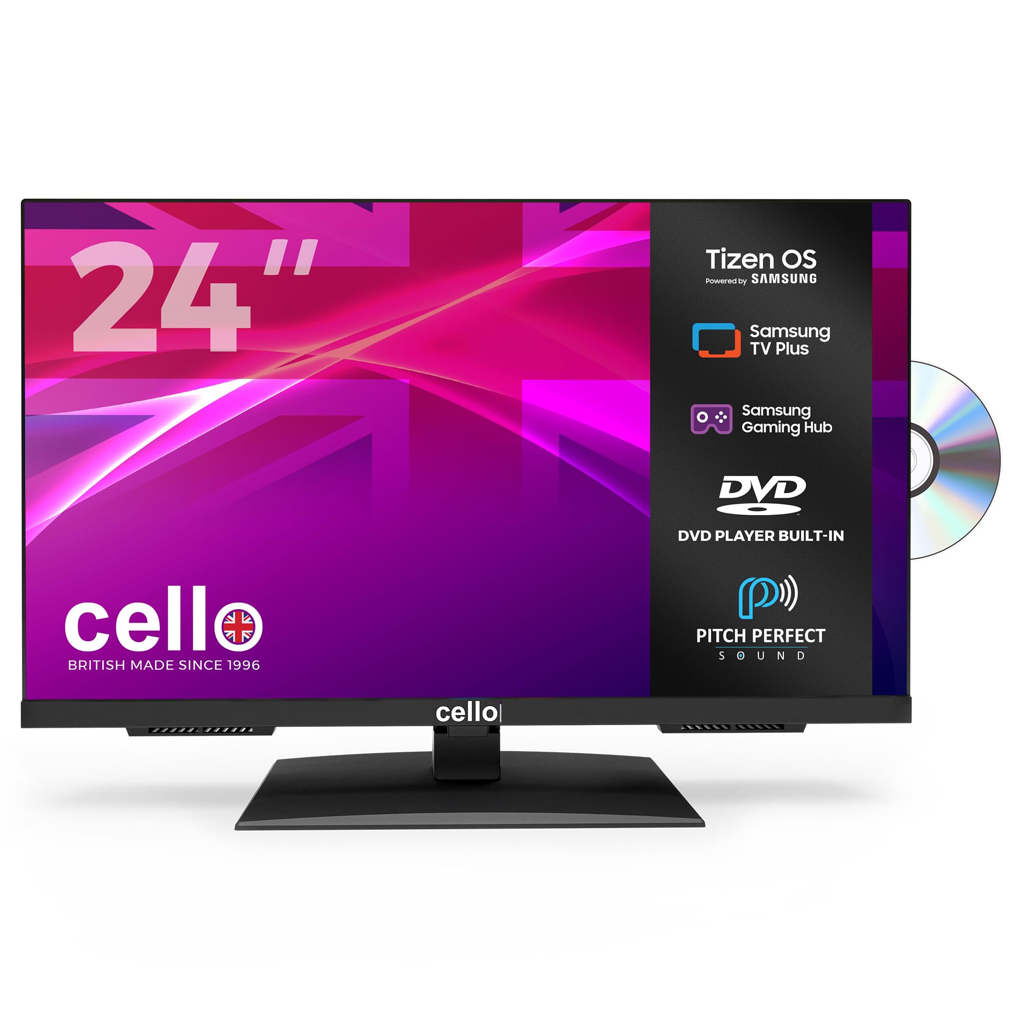 Cello C2426tzf 24-Inch Tizen Os Smart Led Tv/Dvd, By Samsung, Gaming Hub, Pitch Perfect Speakers, Netflix, Bluetooth, Uk Made, Ideal For Kitchen, Bedr