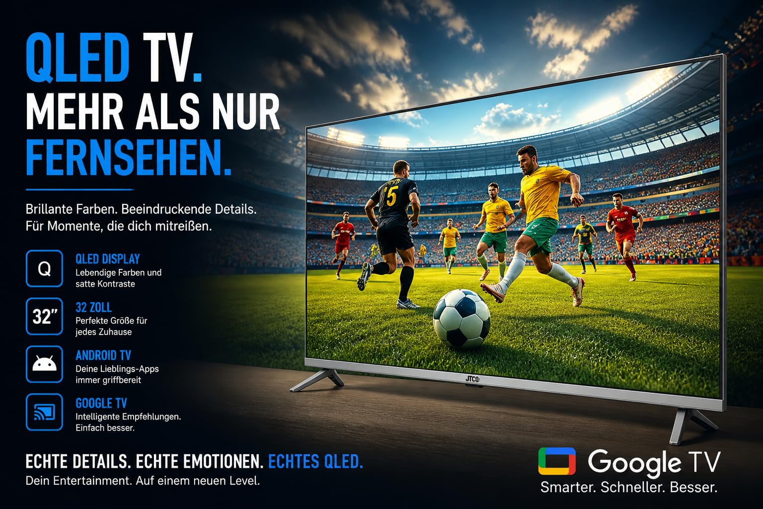 32" (32 Zoll/80 cm) QLED Smart TV/Fernseher JTCSQ32H39330G, Google TV, Android OS, Play Store, Google Sprachsteuerung, Triple Tuner, Bluetooth