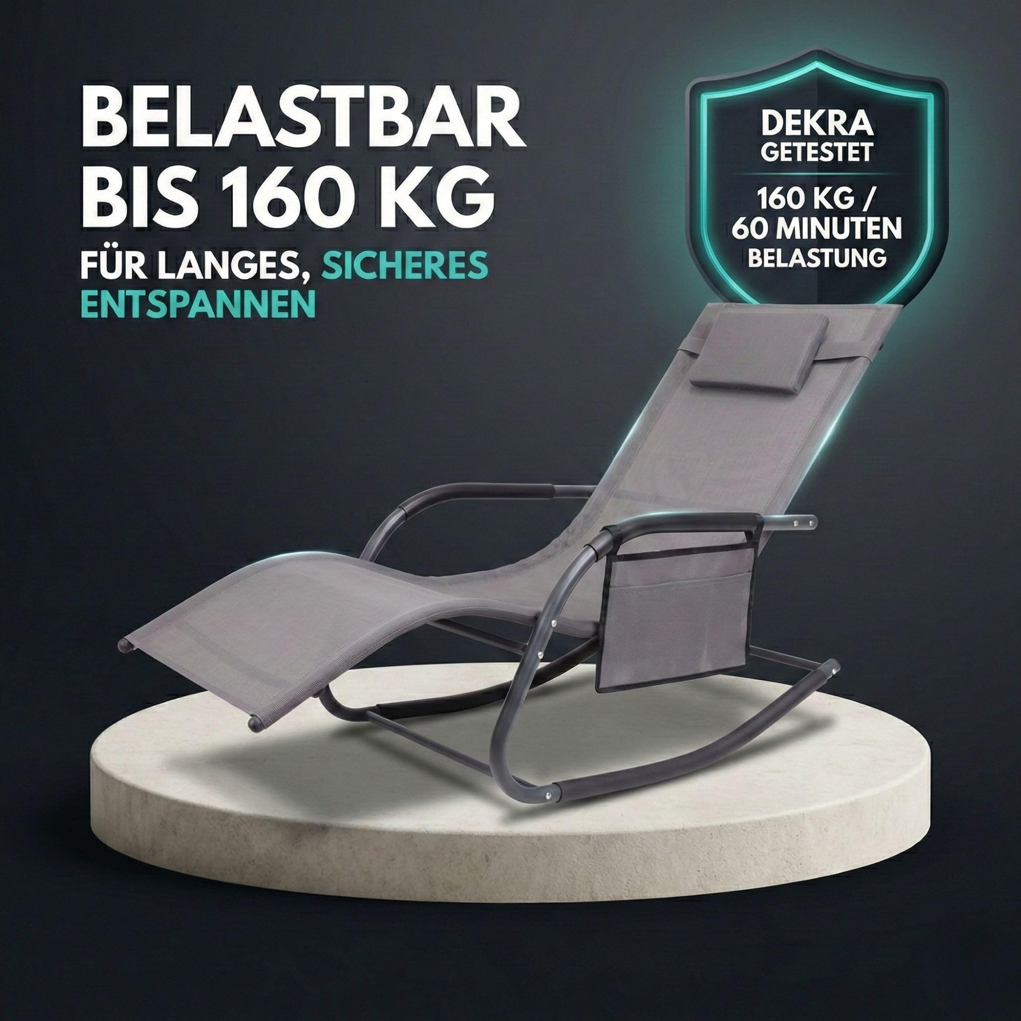 ALBATROS Gartenliege C-Form | Kopfkissen, Seitentasche, 160kg, wetterfest | Relaxliege, Schaukelstuhl, Schwungliege & Sonnenliege, Gartenstuhl, Balkonmöbel Grau, langlebig, für Garten & Terrasse