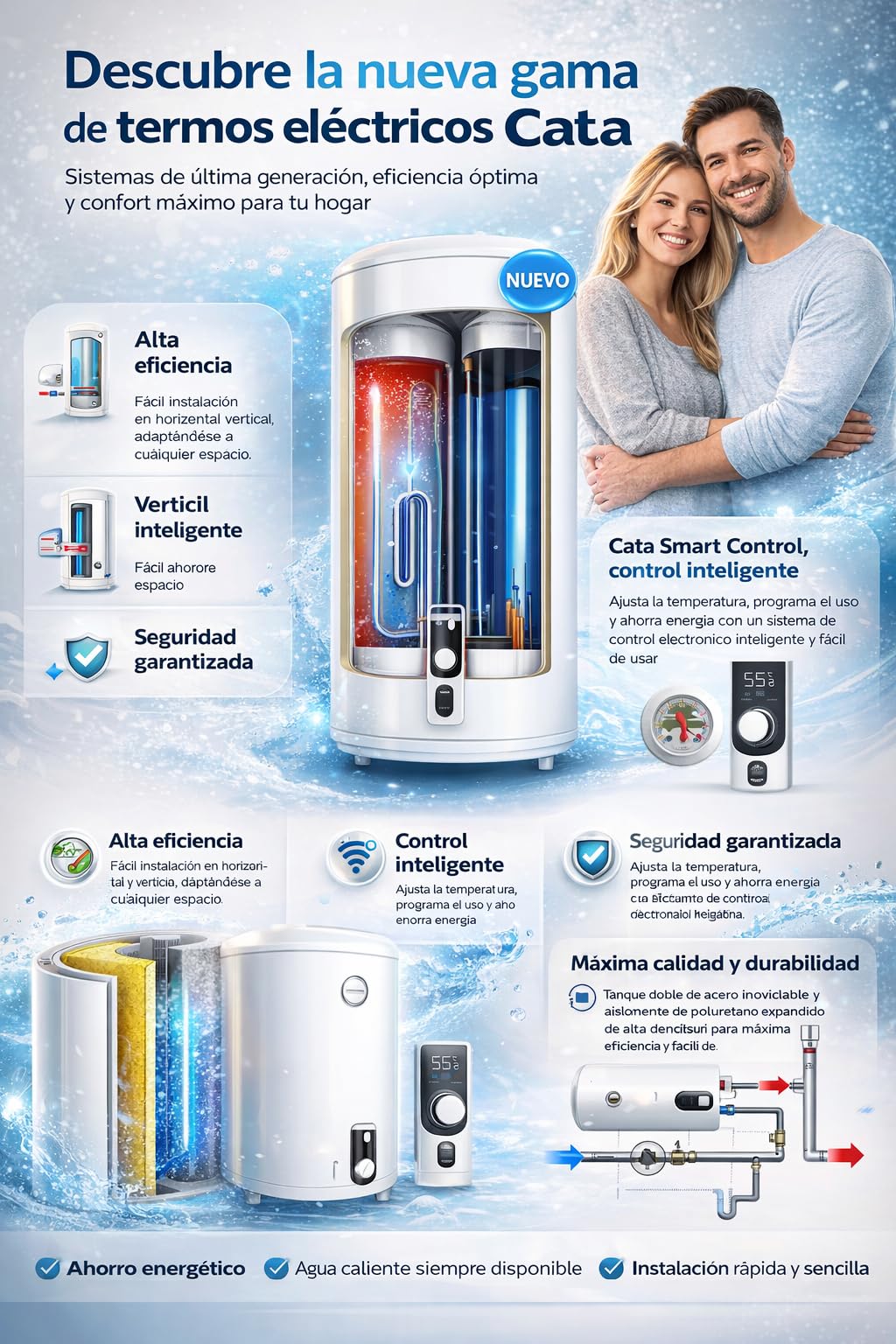 Cata Termo Eléctrico Reversible CTRS-50 E-REV SLIM Capacidad de 46L Doble Tanque Protección Super aislamiento Indicador Anti-hielo Potencia 2.000W Display Digital Color Blanco