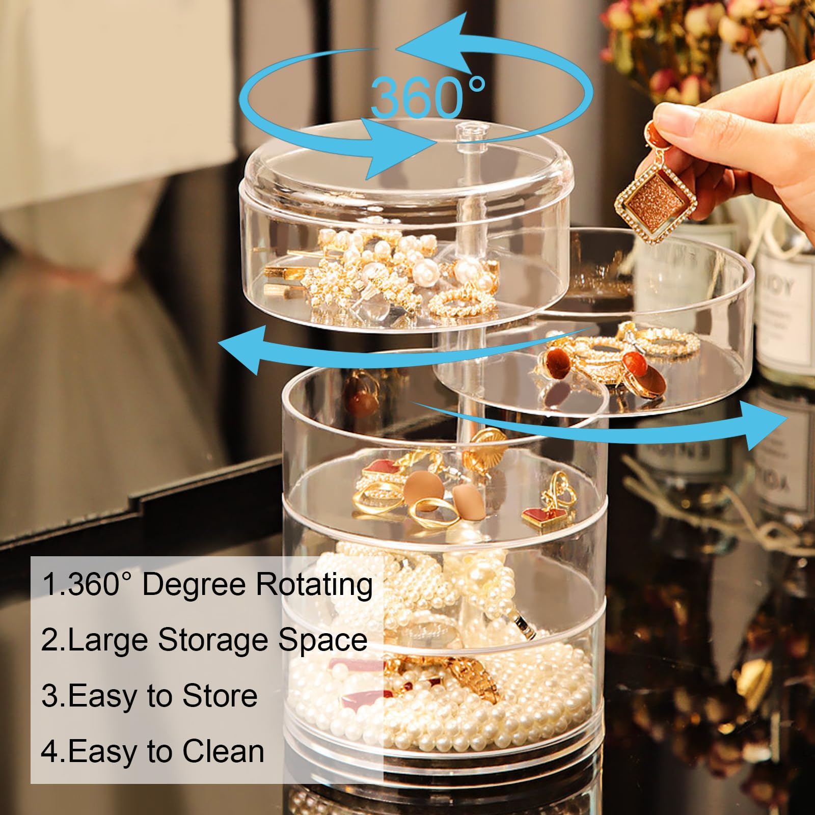 Organizador de joyas giratorio de 5 capas, caja organizadora de aretes pequeños para mujer, almacenamiento de accesorios de joyería transparente con tapa para aretes, pulseras, collares