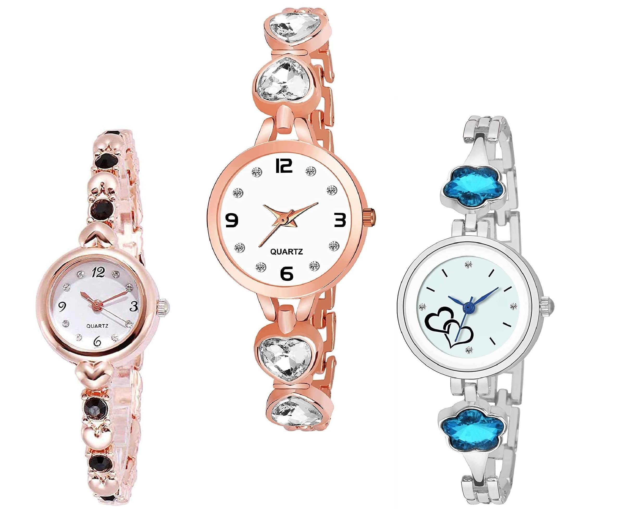 K Vajir® Analogue Stylish Rose Gold Steel Chain Or Bracelet Belt and White Colour Dial Wrist Watch for Girls and Woman | Attractive Different Looking for Your Special Day (Pack of 3)