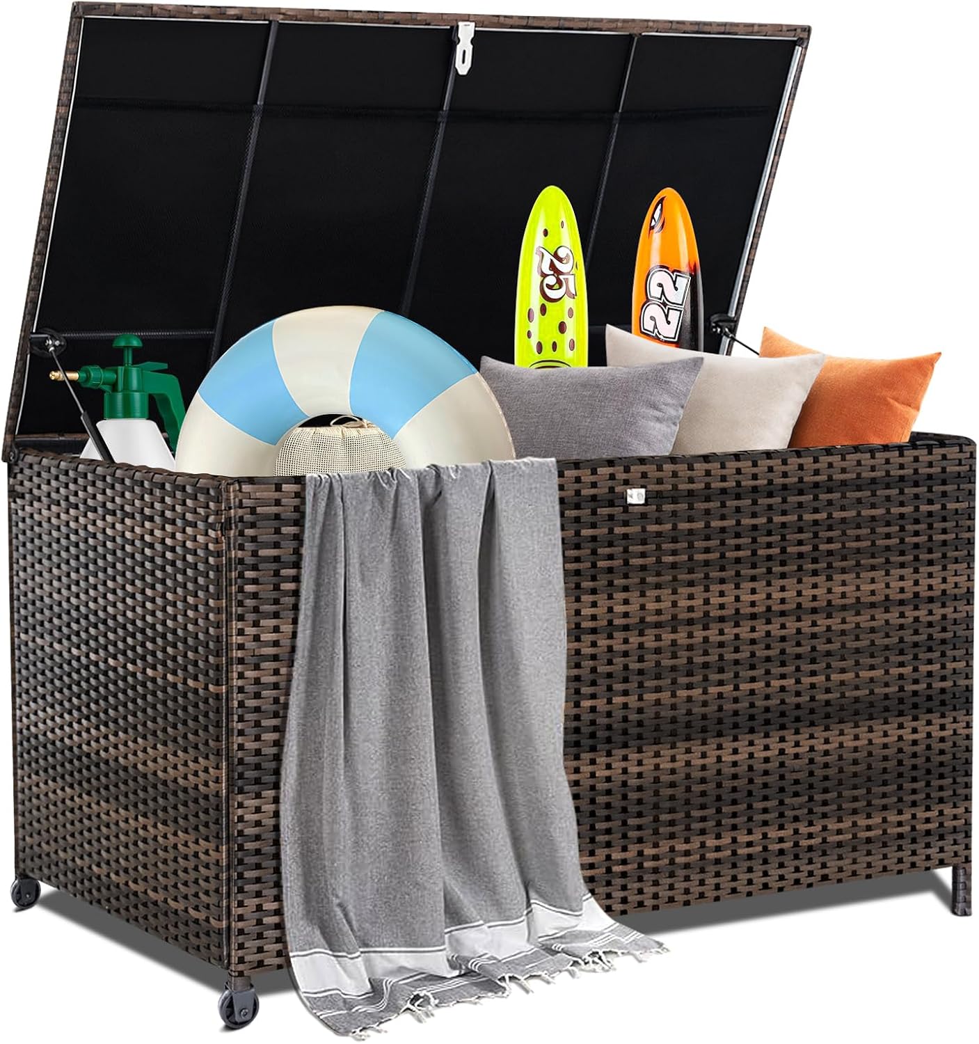 Outdoor Storage Box, 120 Gallon Waterproof Resin Wicker Deck Box for Patio Garden Furniture, Outdoor Cushion Storage, Padlock Included