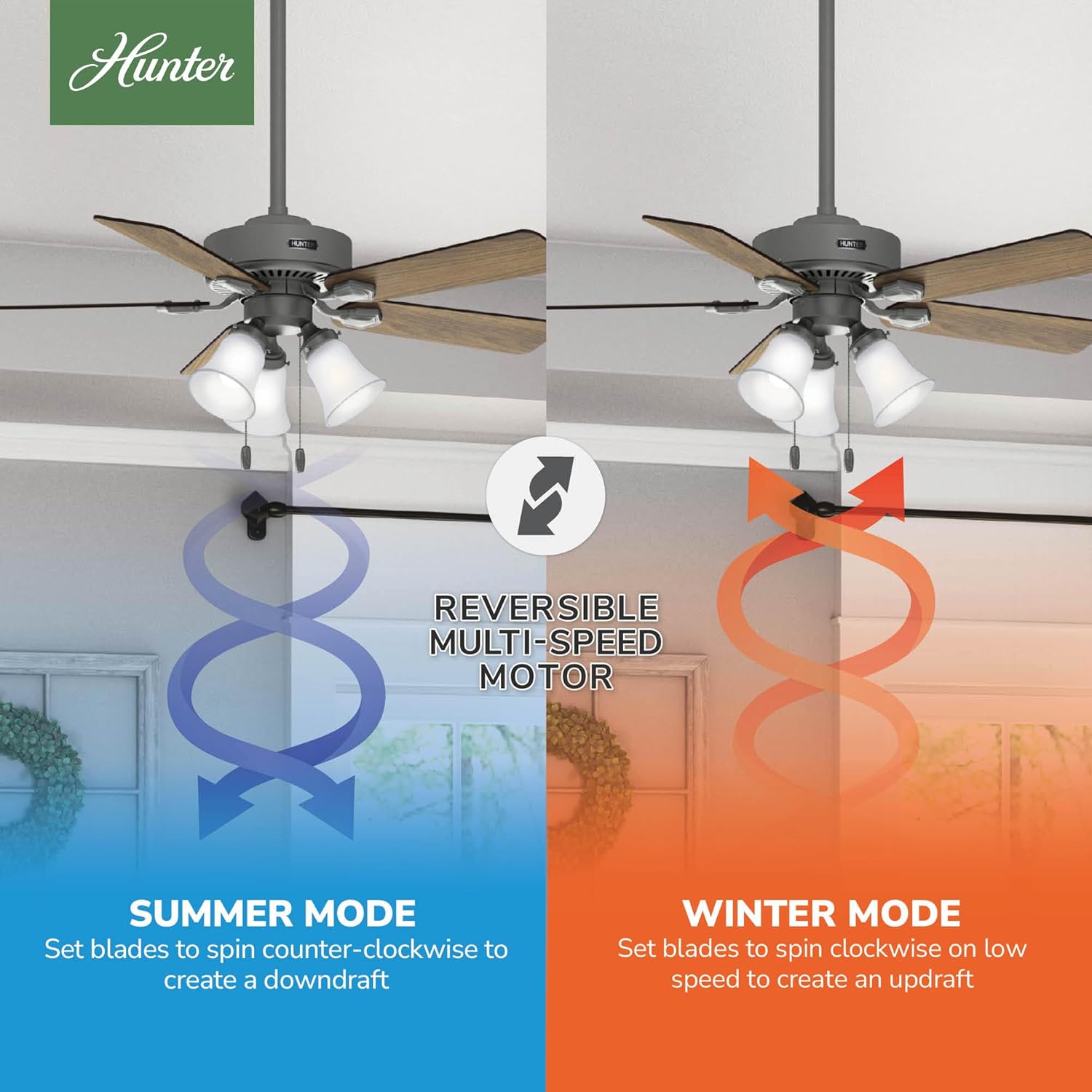 Hunter 44 inch Indoor Ceiling Fan with LED Lights - Ceiling Fan with Pull Chain, For Bedroom, Living Room, or Kitchen, Standard Mount, No Remote, 5 Blades - Swanson 50882, Matte Silver