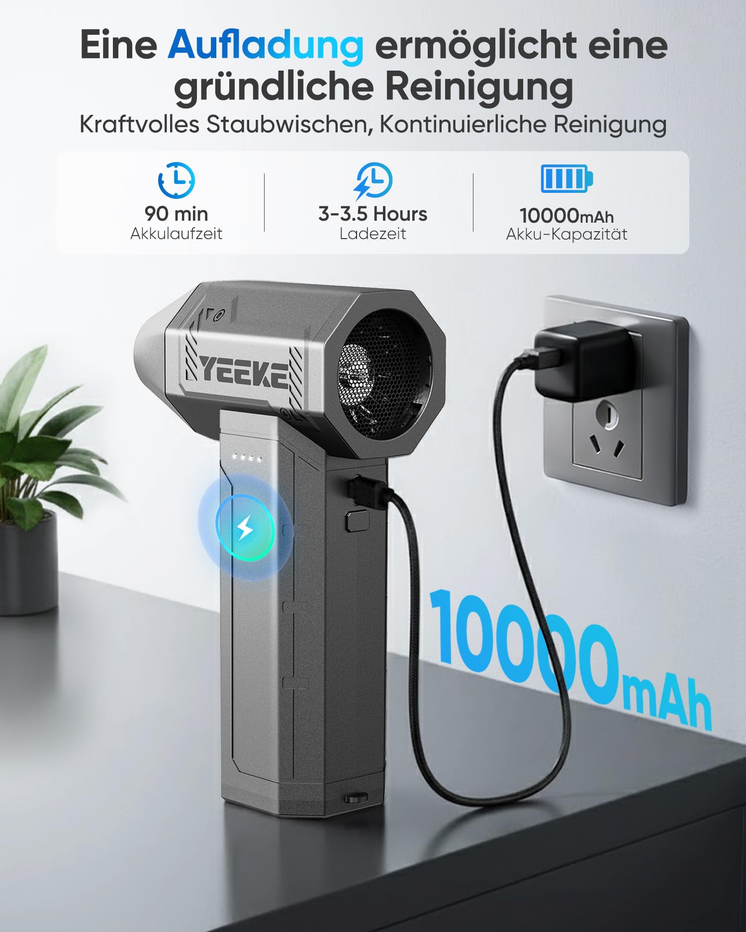 Elektrische Staubgebläse, 180000 RPM & 400 G Winddruck, 4-Gang Air Duster mit LED-Licht, 10000 mAh Mini Gebläse Akku Schnellladung, Compressed Air Staubbläser für PC | Tastatur | Haus und Auto