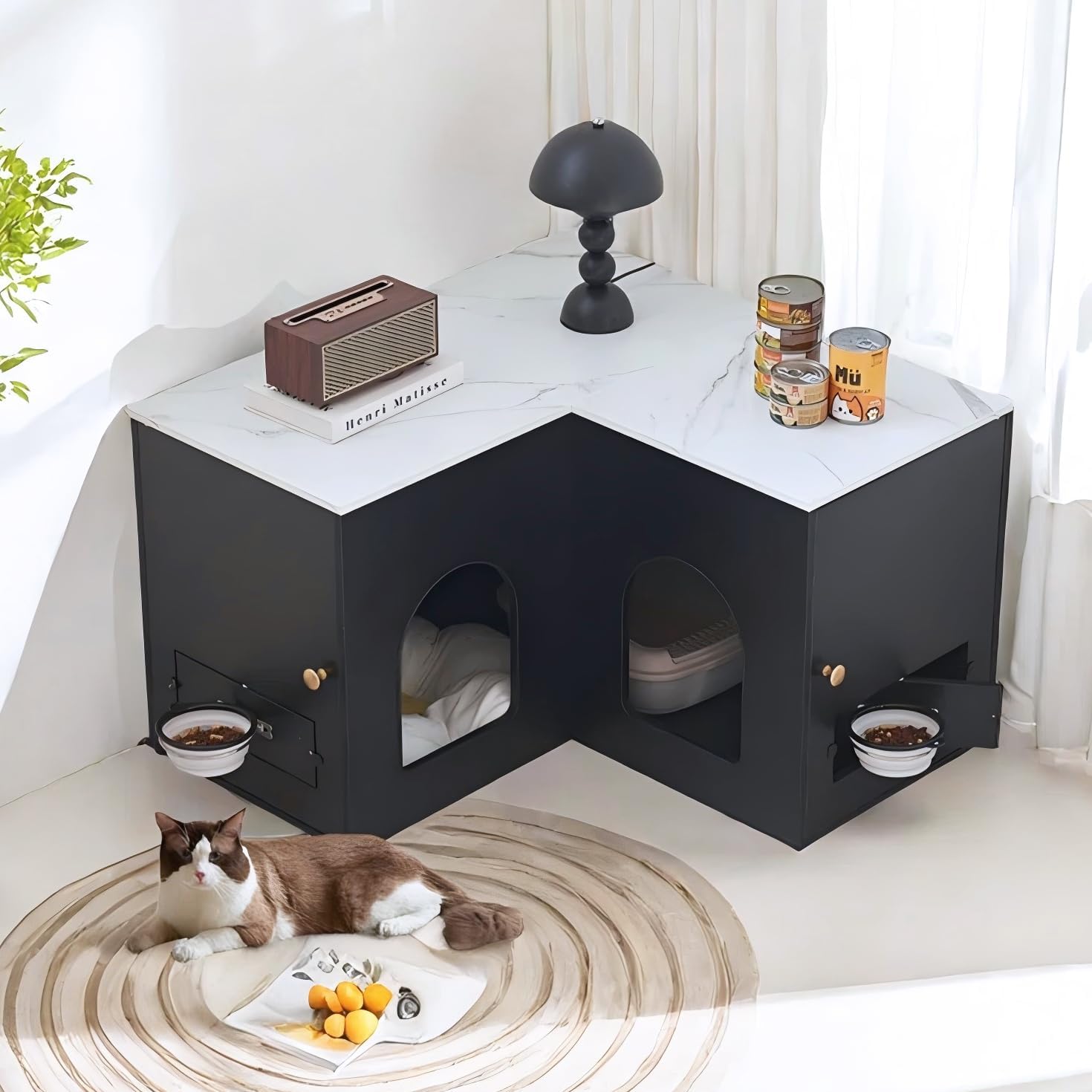 Corner Litter Box Enclosure for 2 Cats, 31.5" Hidden Cat Litter Box Furniture with Collapsible Cat Feeding Station, Indoor Litter Box Cabinet, 31.5 x 17.7 x 19.7 in, Black