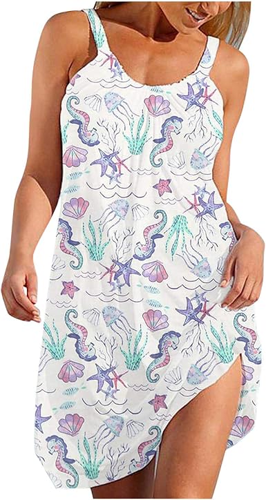 Amazon.com: Vestido de verano para mujer,Vestidos de playa sueltos de  impresión sin mangas para mujer : Ropa, Zapatos y Joyería