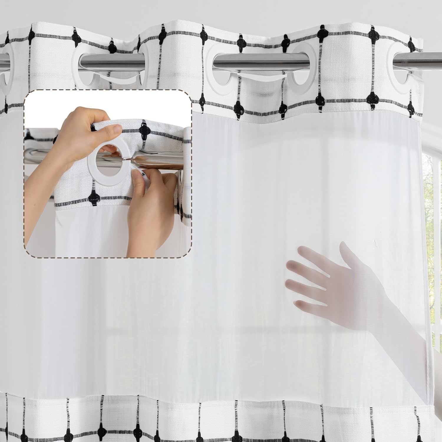 ROSERY No Hook Shower Curtain with Snap in Fabric Liner Set, Boho Farmhouse Black and White Woven Jacquard Grid Shower Curtain for Bathroom with Tassel, Checkered Pattern, 71" W x 74" L