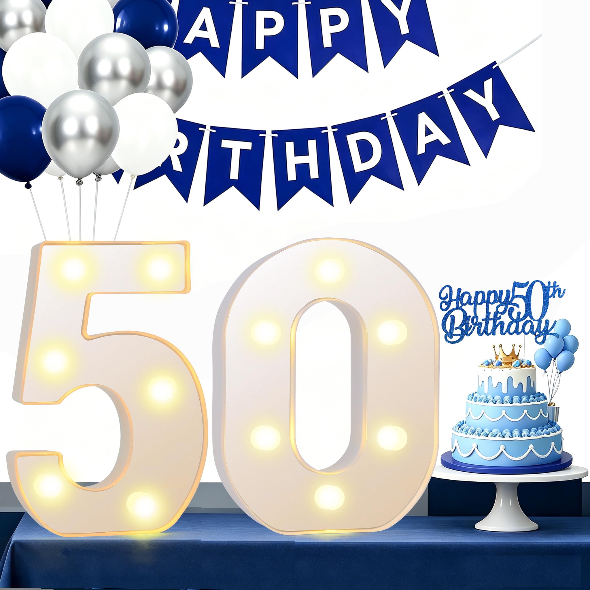 Light up Numbers, 50th Birthday Decorations, Light up 50th Birthday Numbers, LED Number Sign with Blue and White Balloon Set, for Wedding Anniversary Grad Home Bedroom (50th)