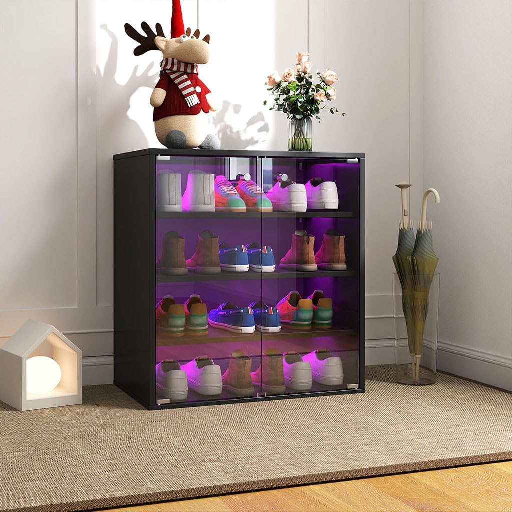Shoe Box with RGB LED Light, Wooden Stackable Shoe Storage Box with Glass Door, Sneaker Storage Box Shoe Rack Container Holder, Shoe Storage Bin Shoe Display Case, for Shoe Collection,Black