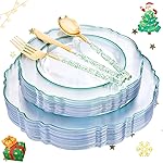 Liacere 150PCS Clear and Green Plastic Plates - Disposable Plates with Glitter Bamboo Handle Cutlery - 60 Baroque Elegant Plates,30Forks,30Spoons,30Knives for Christmas