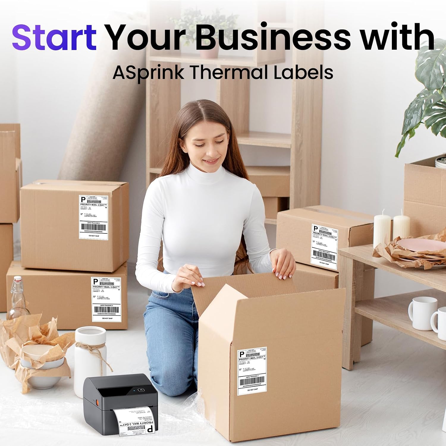 ASprink Thermal Labels 4x6, Pack of 100 4x6 Roll Labels, Commercial Grade, Strong Adhesive Shipping Label, Compatible with ASprink A64M and Most Thermal Printer & Shipping Supplies