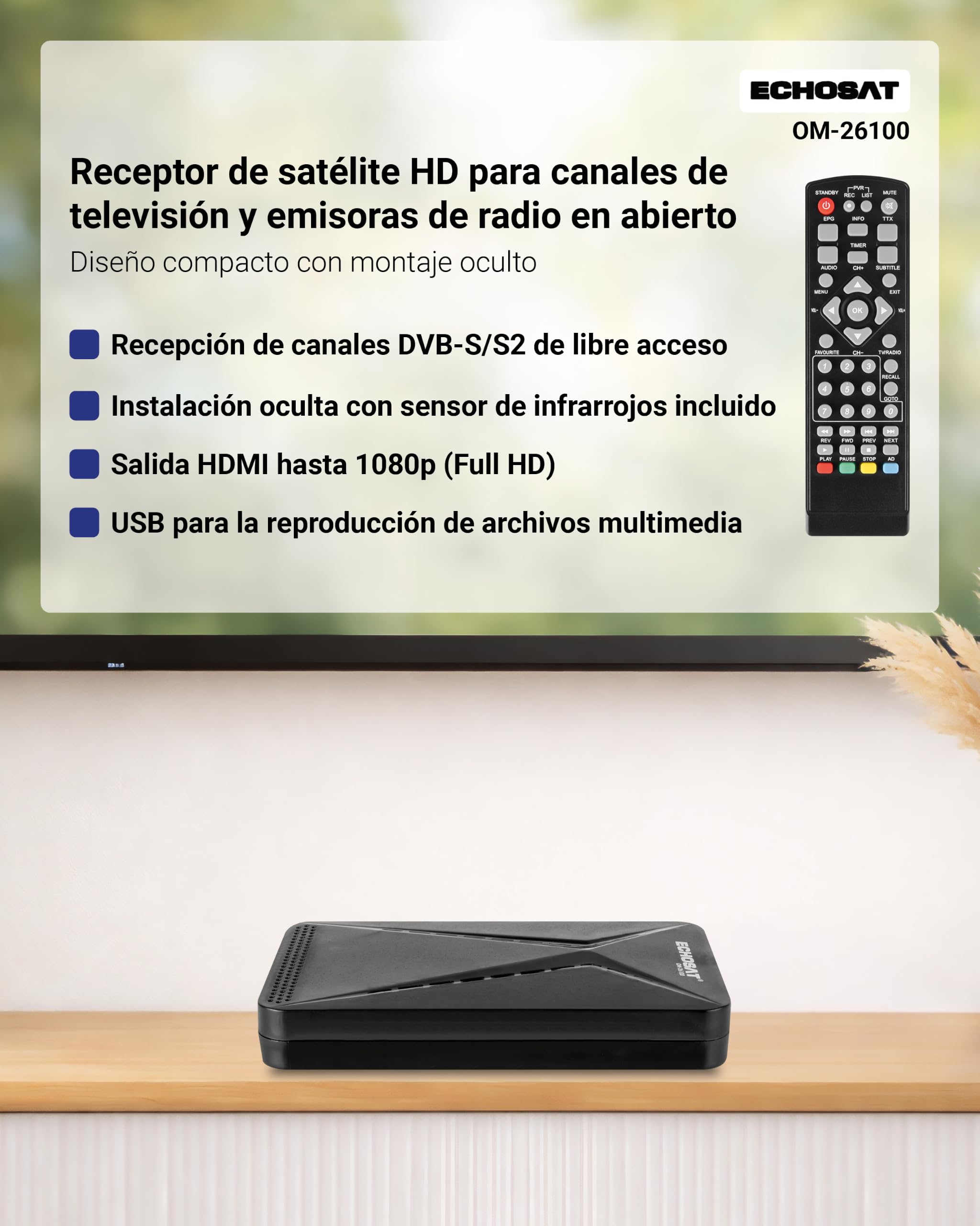 OM-26100 – Receptor satélite HD para Montaje Oculto – Negro | Carcasa muy compacta, solo 10,8 × 1,8 × 6,5 cm, DVB-S2, USB para reproducción multimedia, HDMI