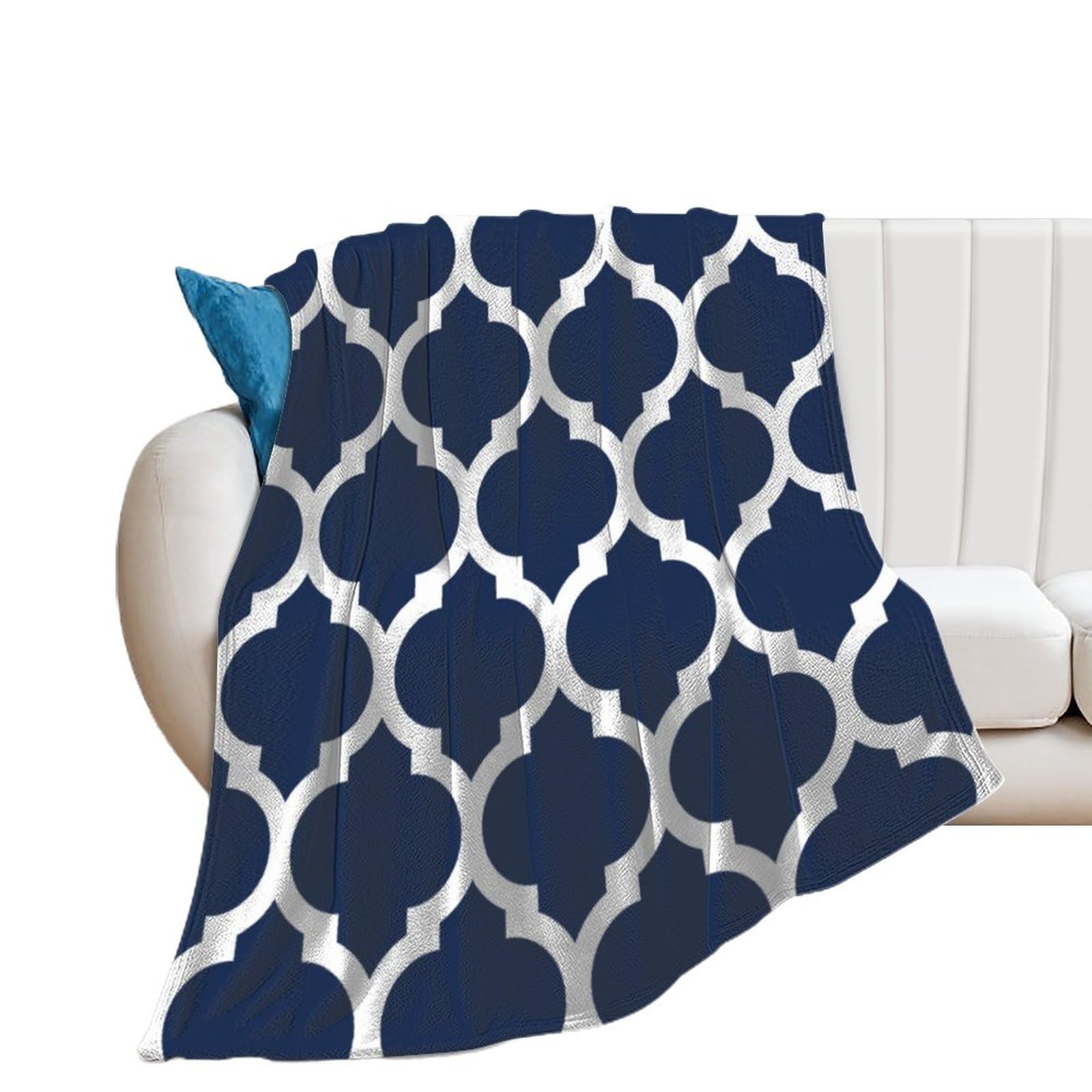 Plush Throw Blanket Moroccan Quatrefoil Tiles Pattern Dark Blue Soft Cozy Blanket Flannel Blankets All-Season for Sofa Couch Bed, 40" X 50"
