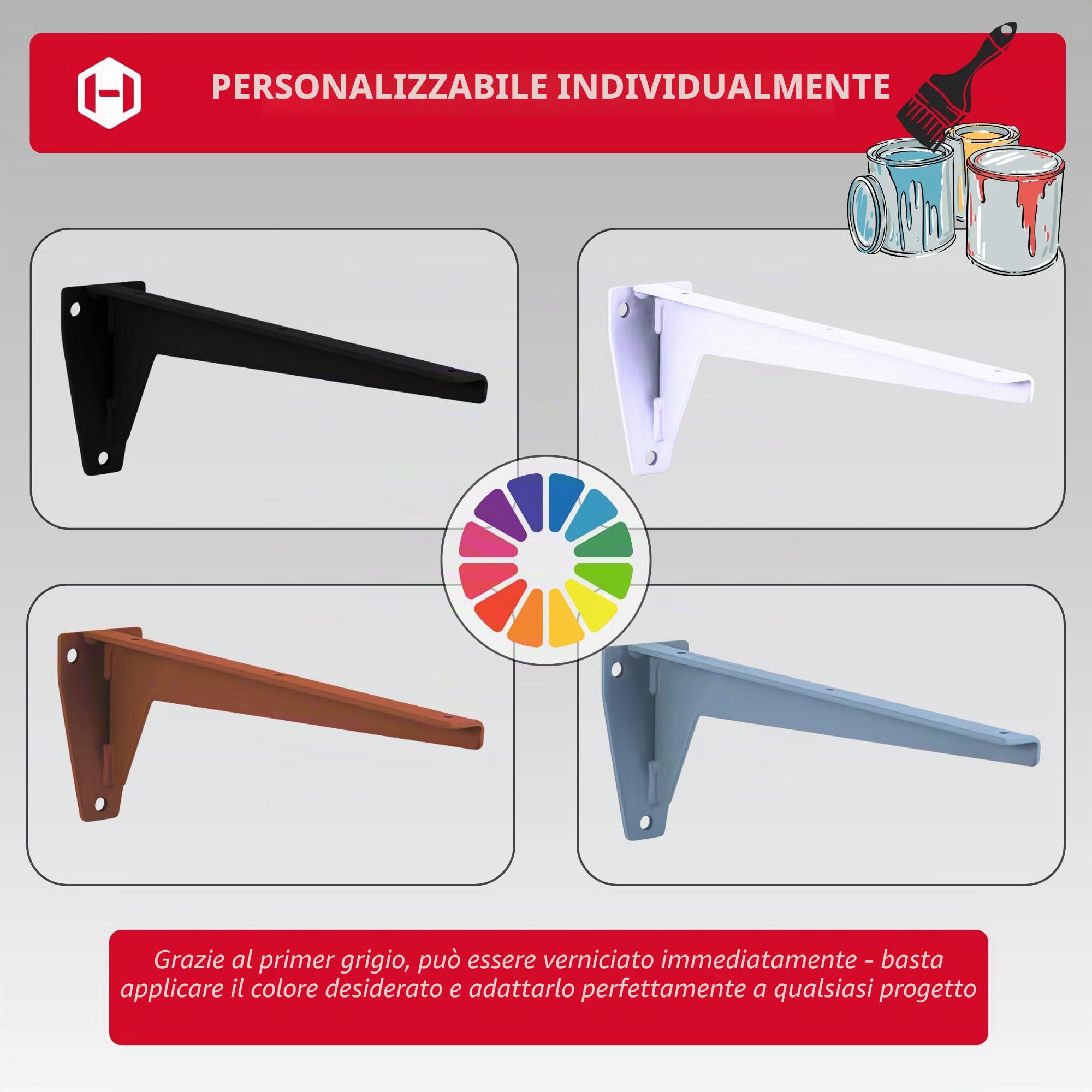 Gedotec Mensola per carichi pesanti in acciaio massiccio | Portata: 150 kg per coppia | Lunghezza: 480 mm | 2 staffe reggimensola | staffa MIRA | grigio primerizzato | mensole robuste