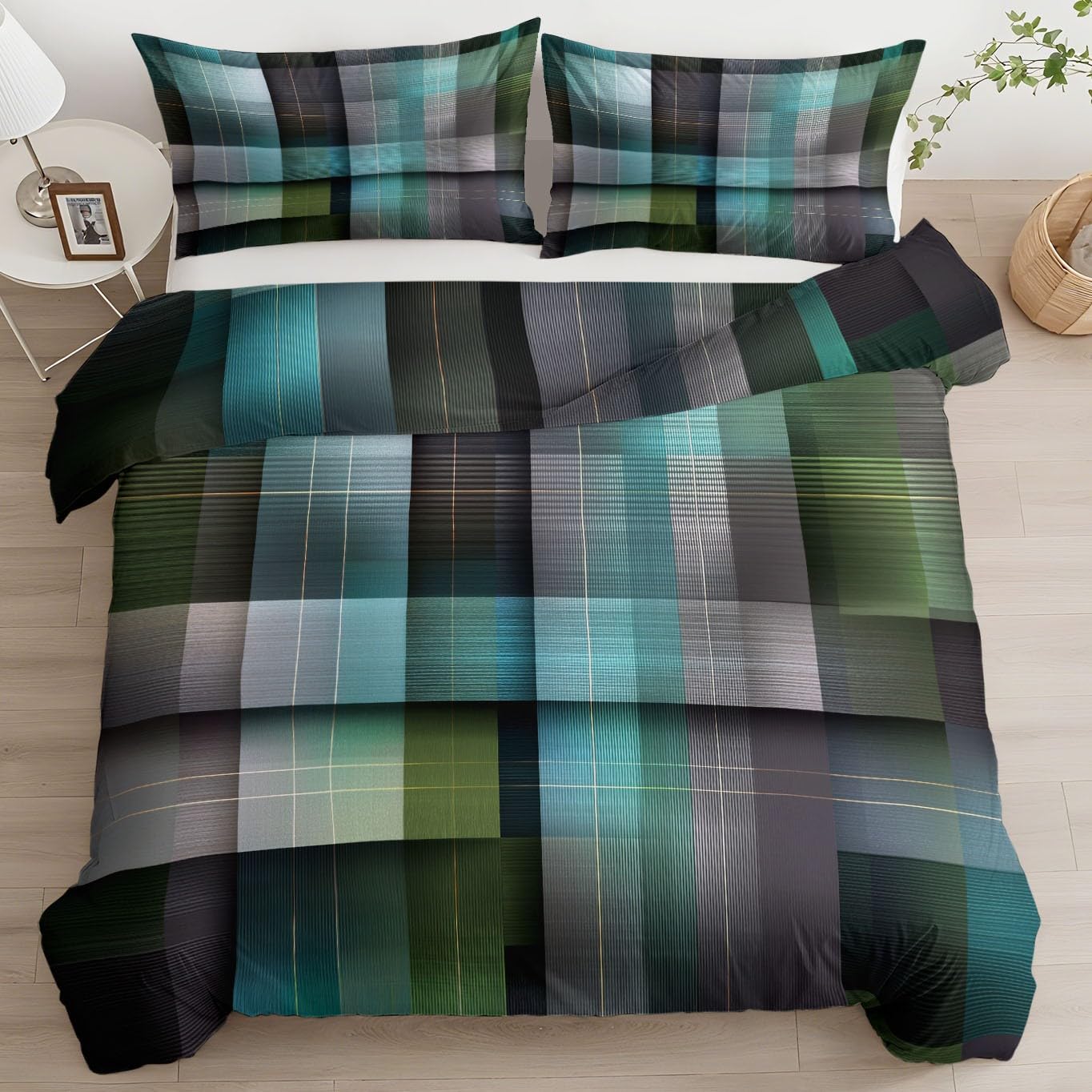 Housse de couette 140x200 carreaux vert industriel avec parure de lit 3 pièces en microfibre