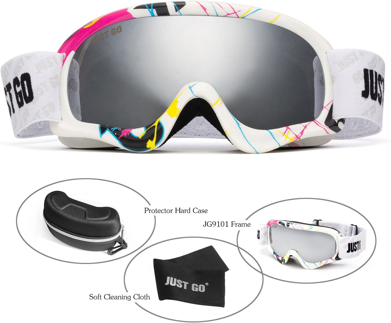 JUST GO Kids Ski Goggles with EVA case, Snowboard Snow Goggles Anti-Fog Double-Layer UV 400 Protection Lens for Boy and Girl