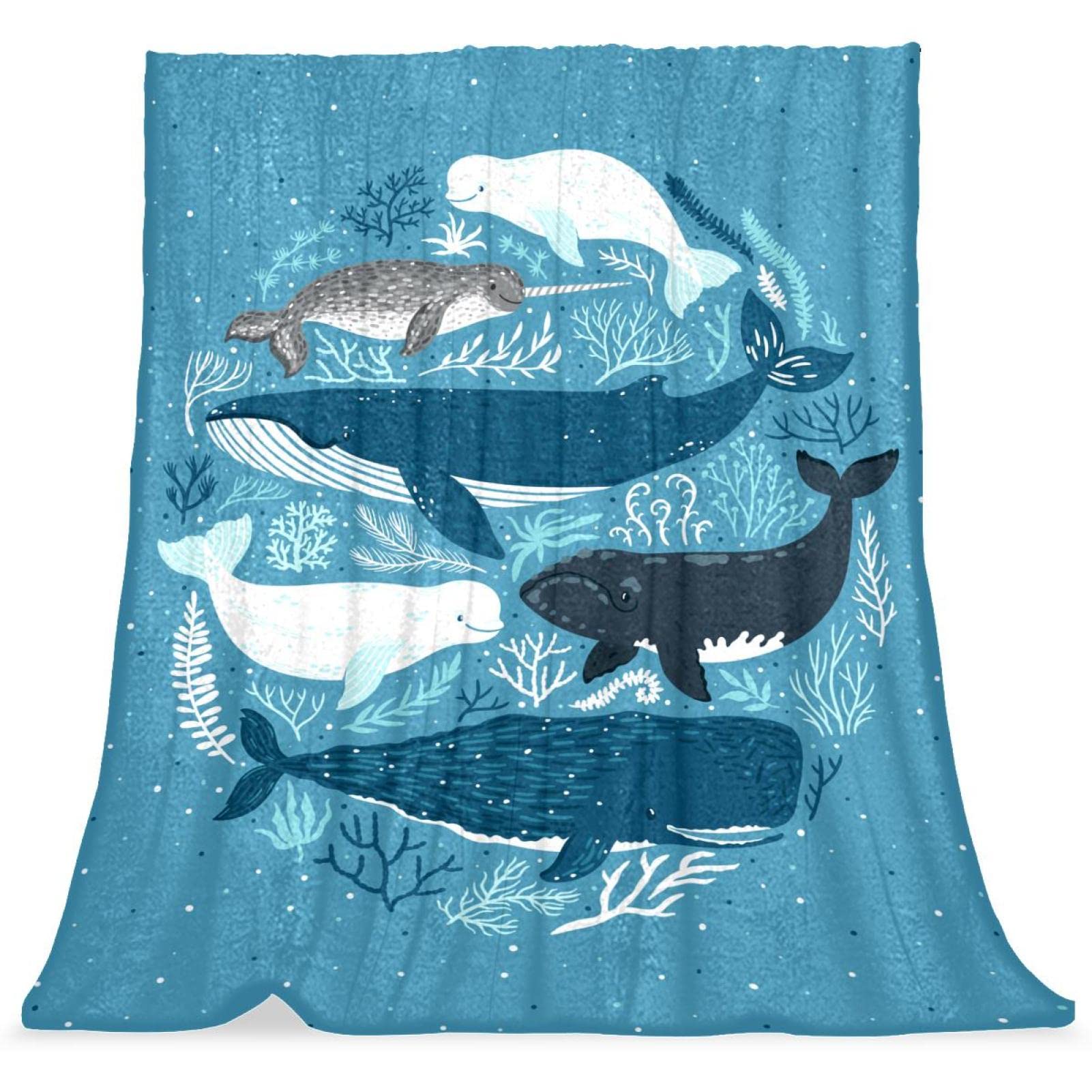 Couvre-lit doux dessin animé animaux marins bleu pour garçons et filles