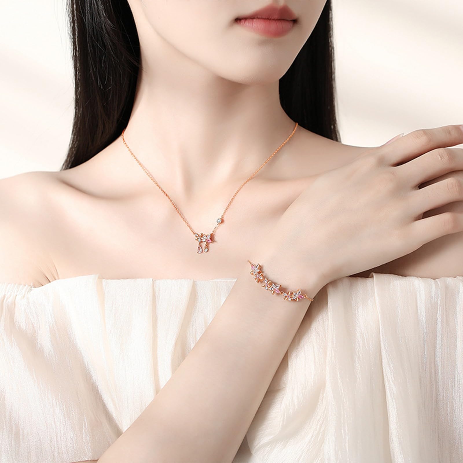 Damen Halskette Rosegold mit Anhänger, Rotgold Im Labor hergestellter rosa Saphir Blumenkette für Frauen mit Moissanit-Anhänger, Länge 40+5cm