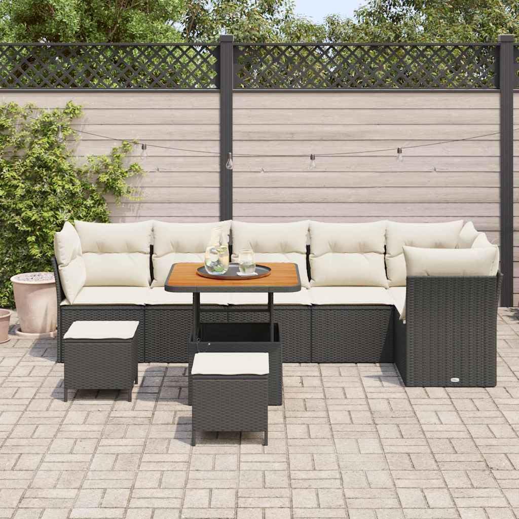 sofá de jardín modular, poliratán negro y crema, 9 piezas, 74.5kg