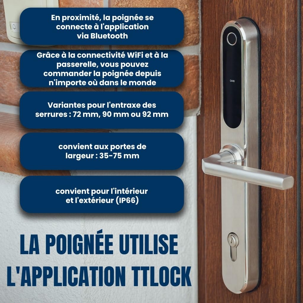Serrure de porte intelligente Tuya avec poignée – Accès sans clé par code, empreinte ou mobile – Verrou électronique pour porte en bois, aluminium ou portail extérieur - 72 mm