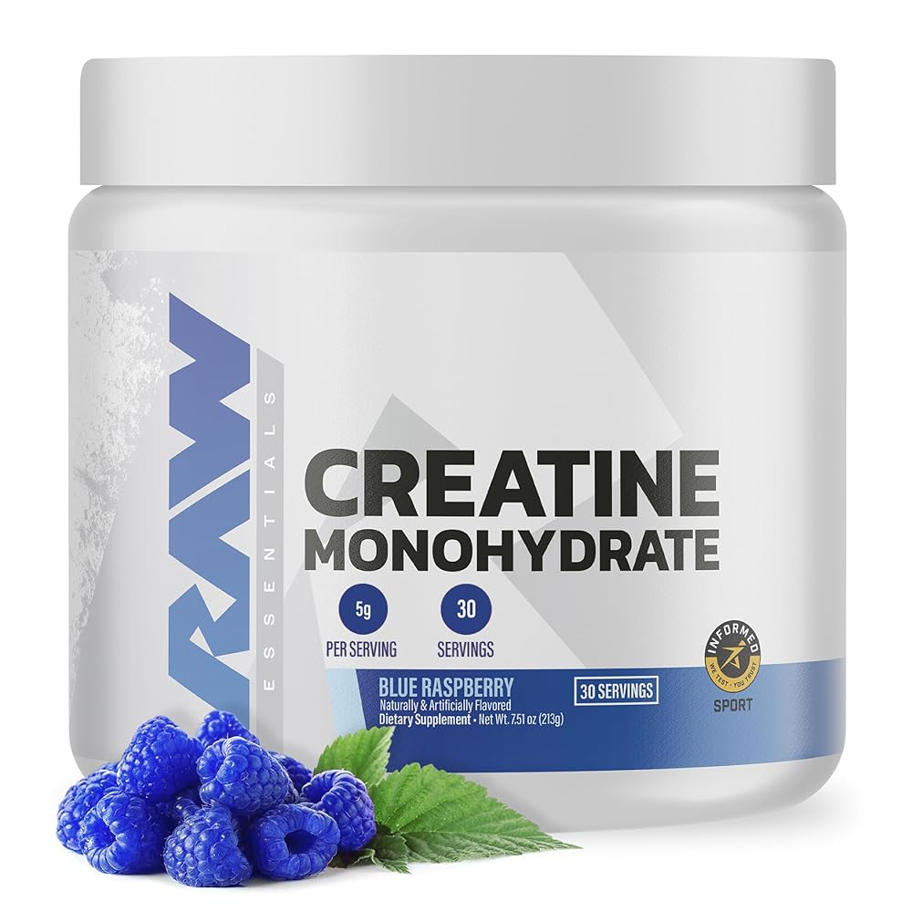 RAW Nutrition Creatine Monohydrate Powder, Blue Raspberry (30 Servings) - Micronized Creatine Monohydrate Supplement for Workout Performance, Build Muscle & Strength - Creatine Powder for Men & Women