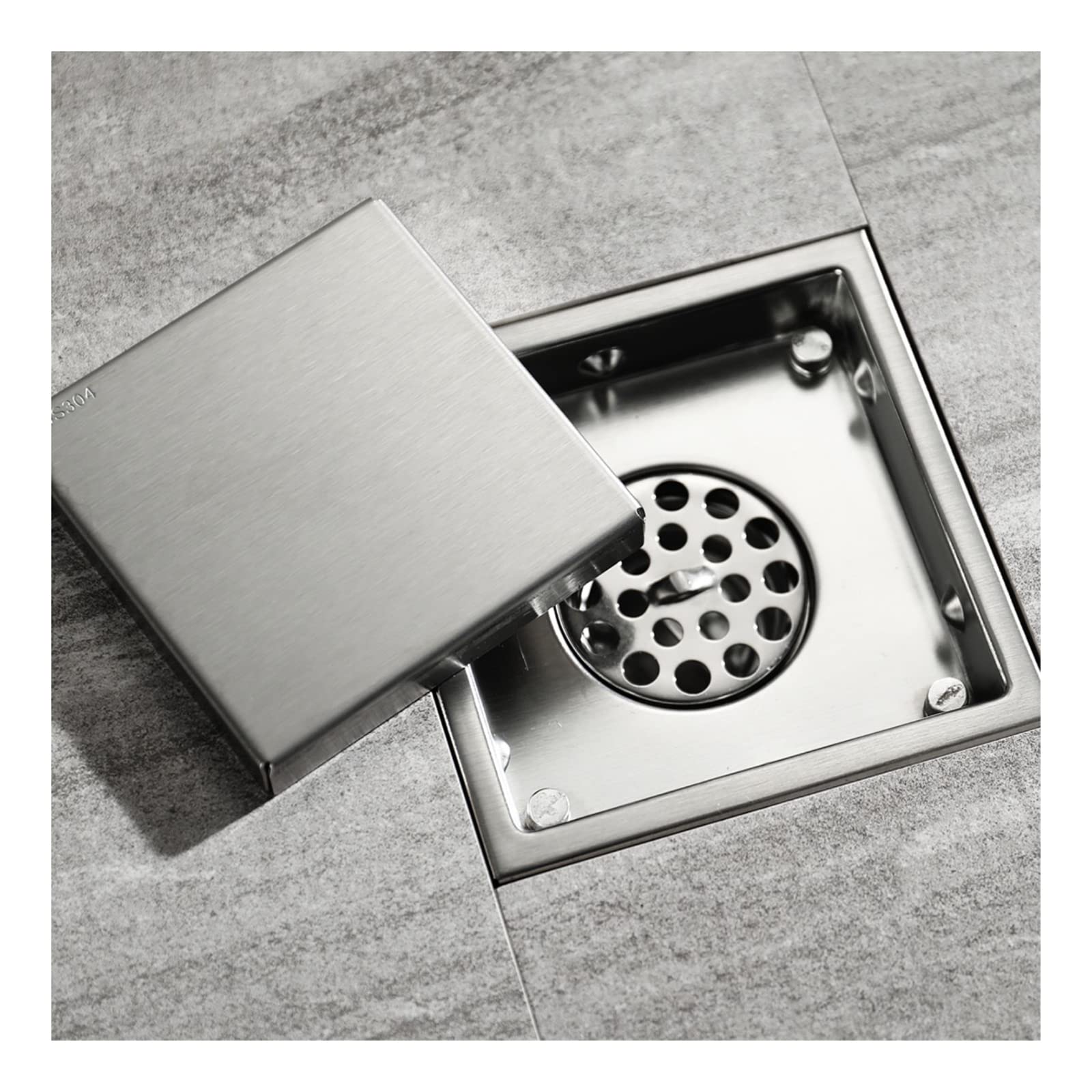 floor drain， Square 5.9 inch Floor Drain 304 Stainless Steel Invisible with Hair Catcher and Removable Cover,Black