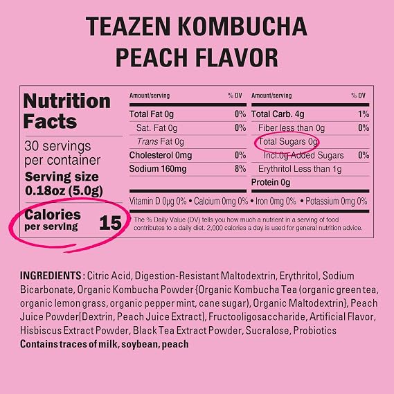 TEAZEN Kombucha Peach Flavor Variety Pack 40 Sticks, Peach Drink Mix 10 Counts & 30 Counts
