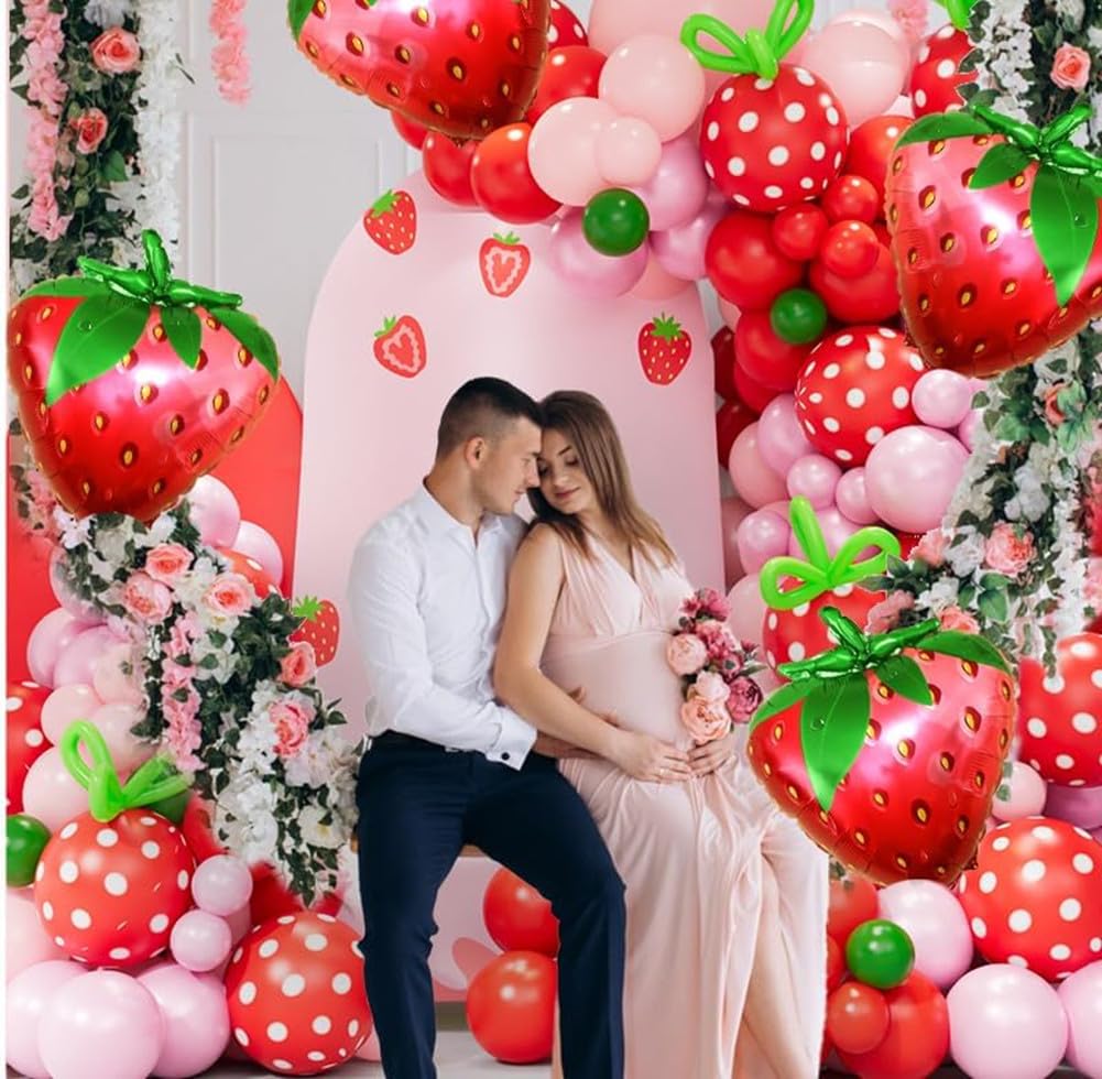 Ghirlanda di palloncini con fragole, 96 pezzi, pois rosa, verdi e rossi, arco per addio al