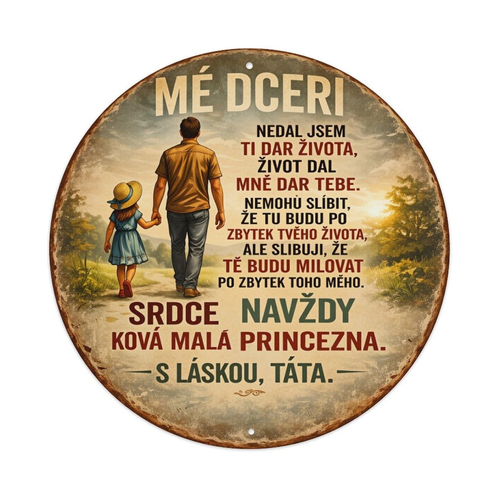 Father Daughter Walk Path Sunlight Round Tin Sign Vintage Metal Poster, Home Bar Garage Man Cave Cafe Indoor & Outdoor Wall Decoration 8x8Inches