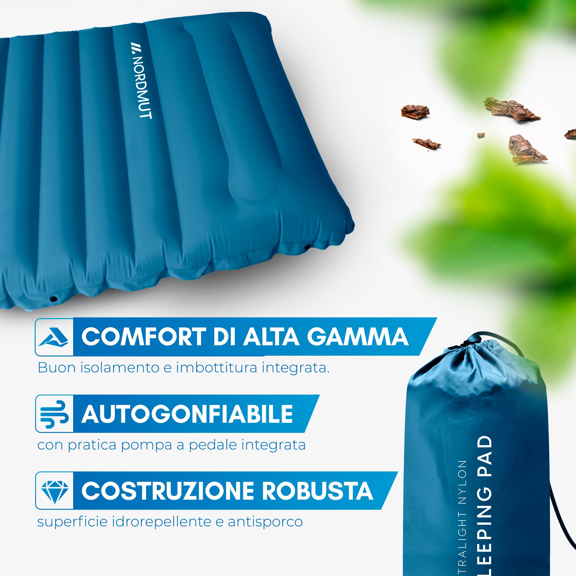 NORDMUT® Materassino da Campeggio Autogonfiante con Pompa a Pedale Integrata 10cm – Materassino Camping Compatto – Ultra Confortevole (Blu)