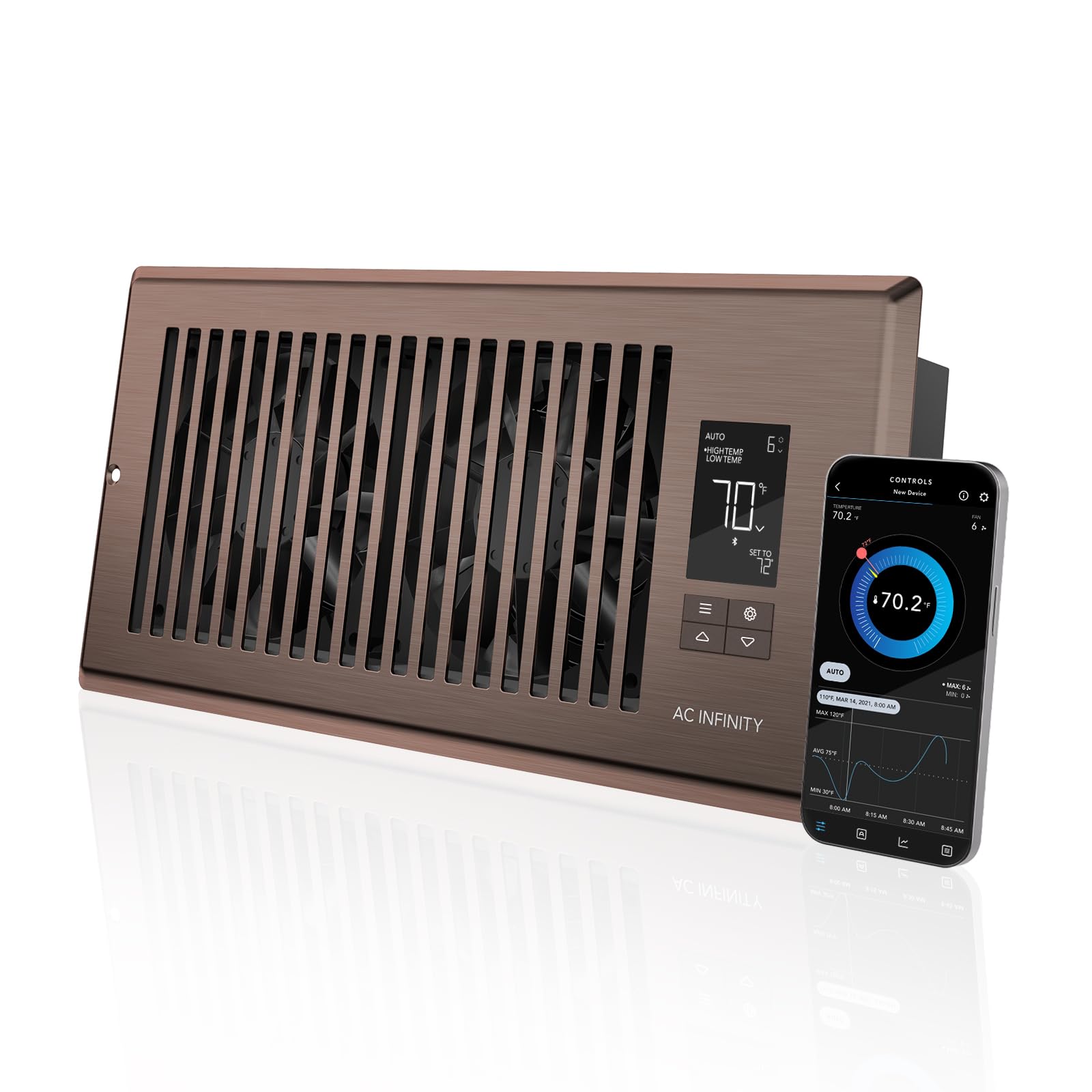 Ventilador de refuerzo de registro de bronce AC Infinity AIRTAP T4 para orificios de registro de 4 x 10 Mejora las rejillas de ventilación de calefacción Silencioso 10 velocidades Control de aplicación Bluetooth Alertas de datos SOLO SE ADAPTA A Aberturas de conductos de 4 x 10