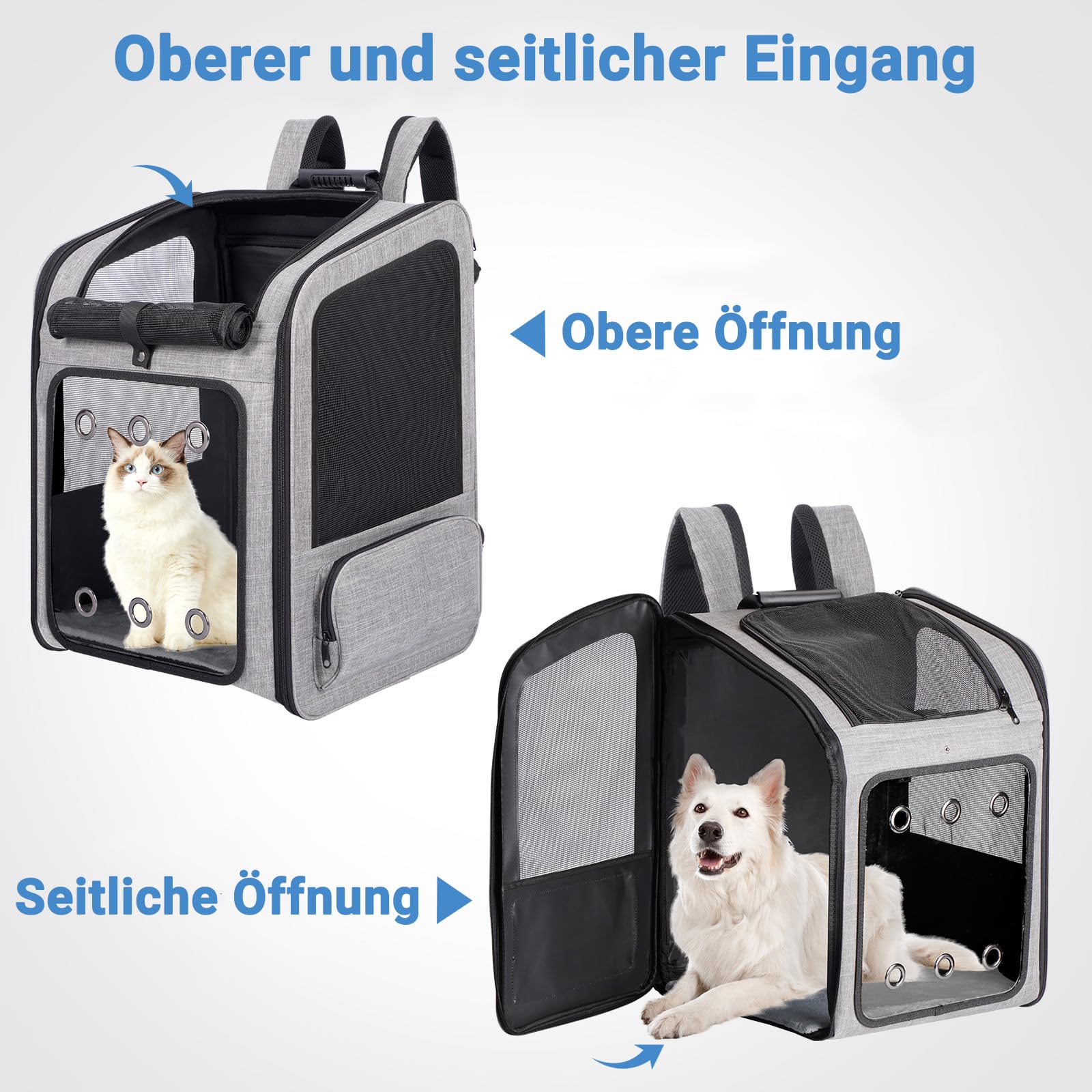 Katzenrucksack Große Katzen bis zu 15kg, Hunderucksack bis zu 12kg, Katzen Rucksack Groß für Katzen und Kleine Hunde Faltbare Haustier Rucksack mit belüftetem Design, Grau