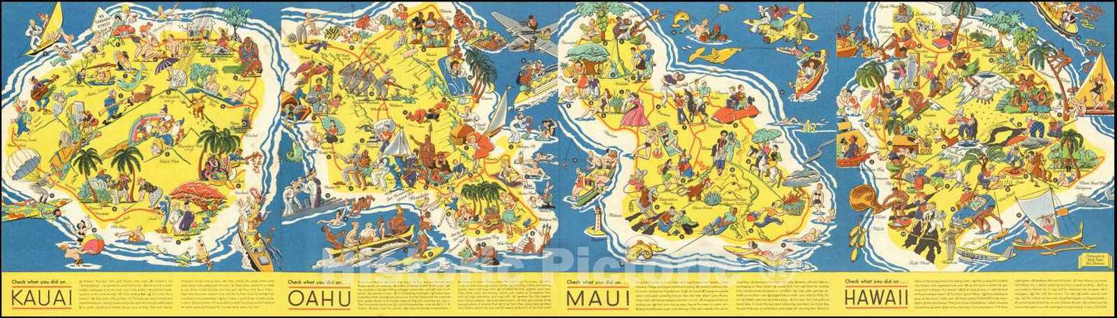 Historic Map : Sun Fun! in Hawaii... Check What You did on... Kauai... Oahi... Maui... Hawaii, 1937 v2, Vintage Wall Art : 126in x 36in