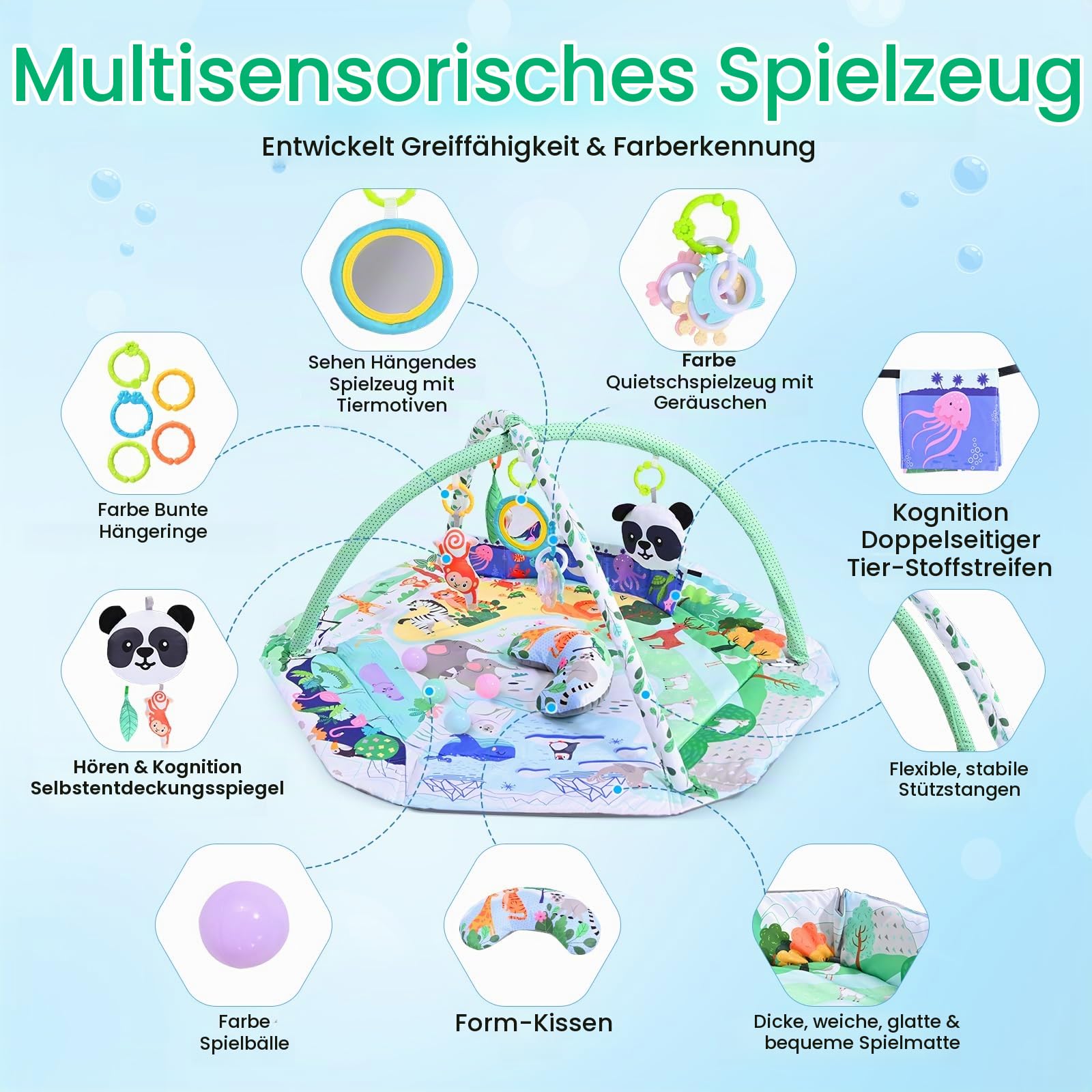 8-in-1 Faltbare Spielbogen Baby Spieldecke Mit Entwicklungszonen,Interaktive Sensorik Spielzeug Multifunktionsspielbogen,Krabbeldecke für Baby zur Motorik&Sinnesförderung, Babyspielzeug 0-18 Monate