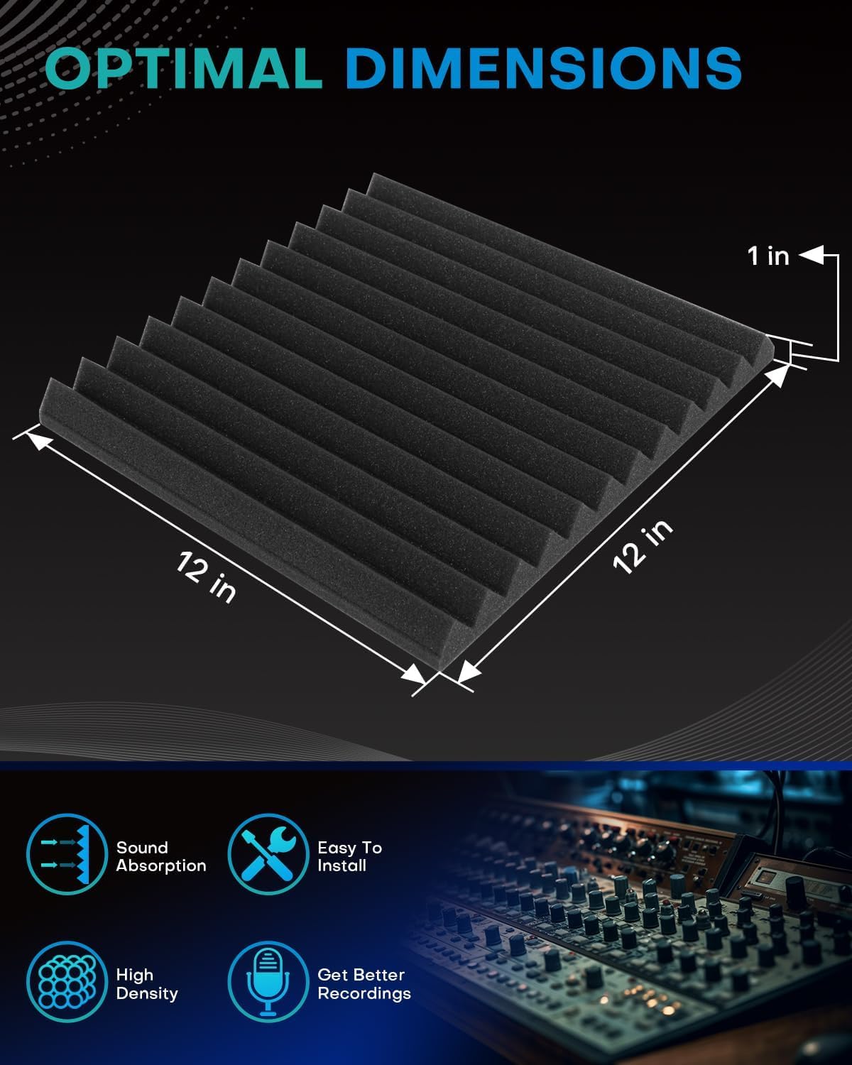 52 Pack Acoustic Foam Panels, 1 X 12 X 12 Inches Sound Proof Foam Panels for Walls, High Density Acoustic Panels Sound Absorbing, Black White Noise Cancelling Studio Wedges (NOT INCLUDE ADHESIVE)