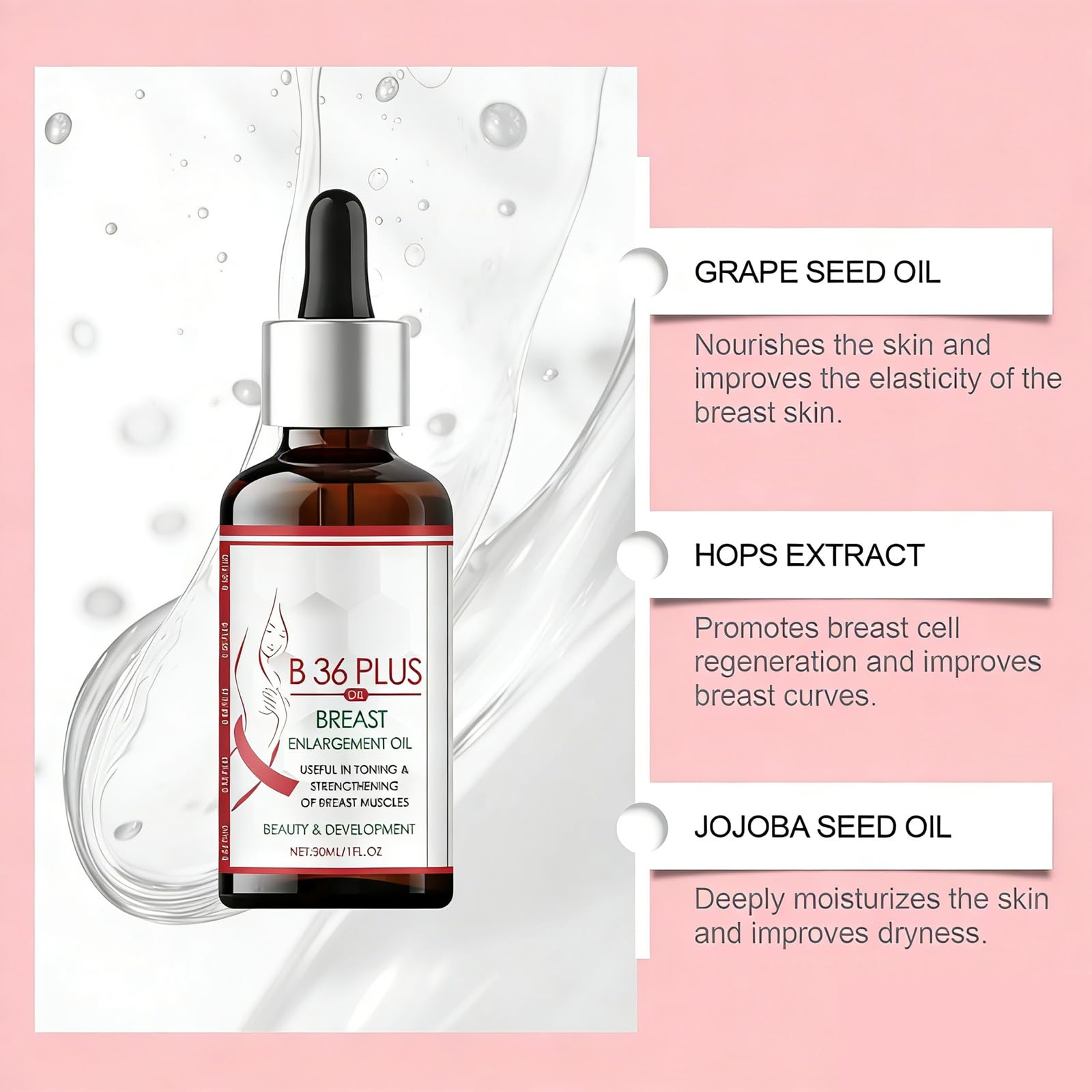 Olio rassodante per il seno, olio essenziale naturale rassodante per il seno, idratante e nutriente per la pelle del décolleté, crescita rapida delle curve naturali del seno 2*30 ml