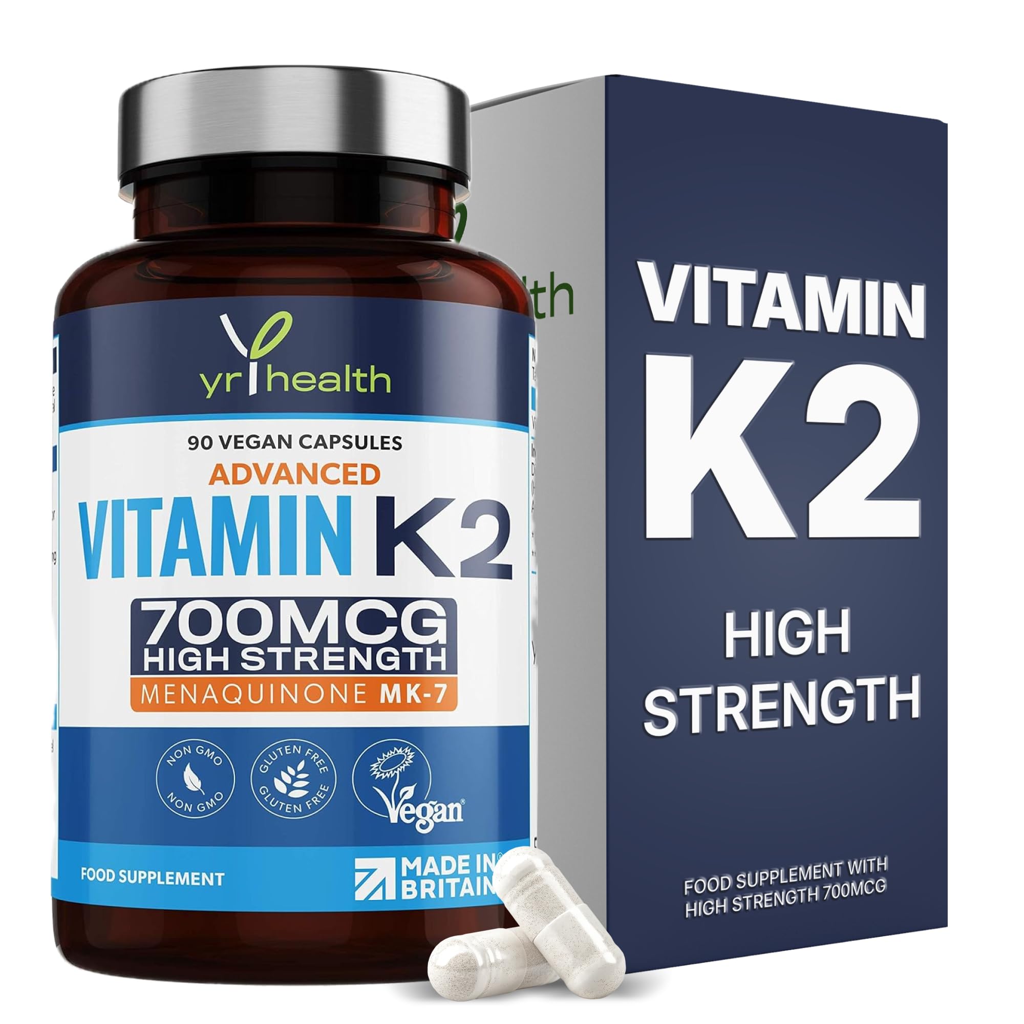 Vitamin K2 MK7 700mcg - High Strength Vitamin K2 Menaquinone - 90 Vegan Society Registered Capsules Not Tablets - Made in The UK by YrHealth