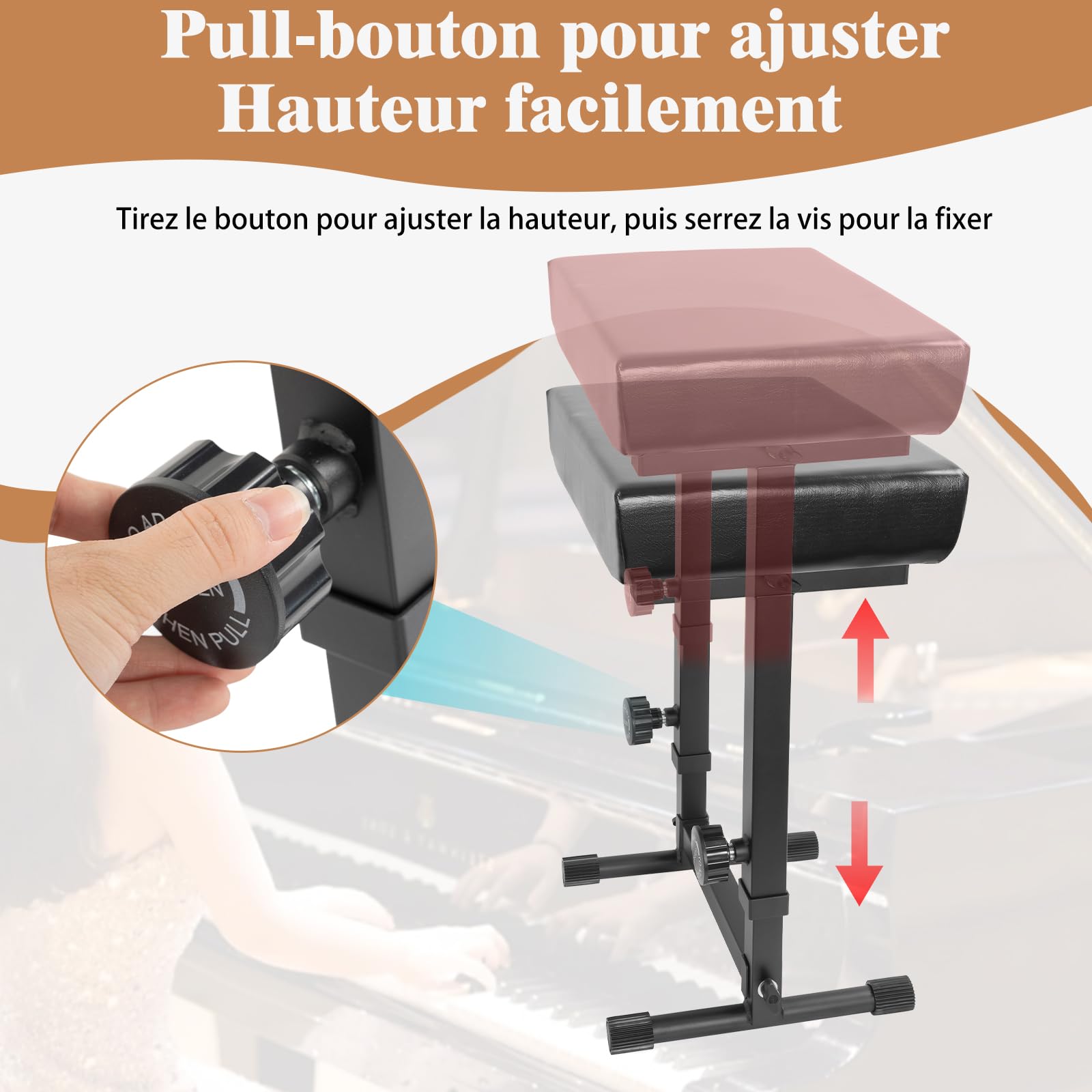 OUUTMEE Tabouret de Clavier, Banc de Clavier Réglable en Hauteur, Siège de Piano Numérique Antidérapant pour Claviers, Synthétiseurs et Pianos Numériques (Noir)