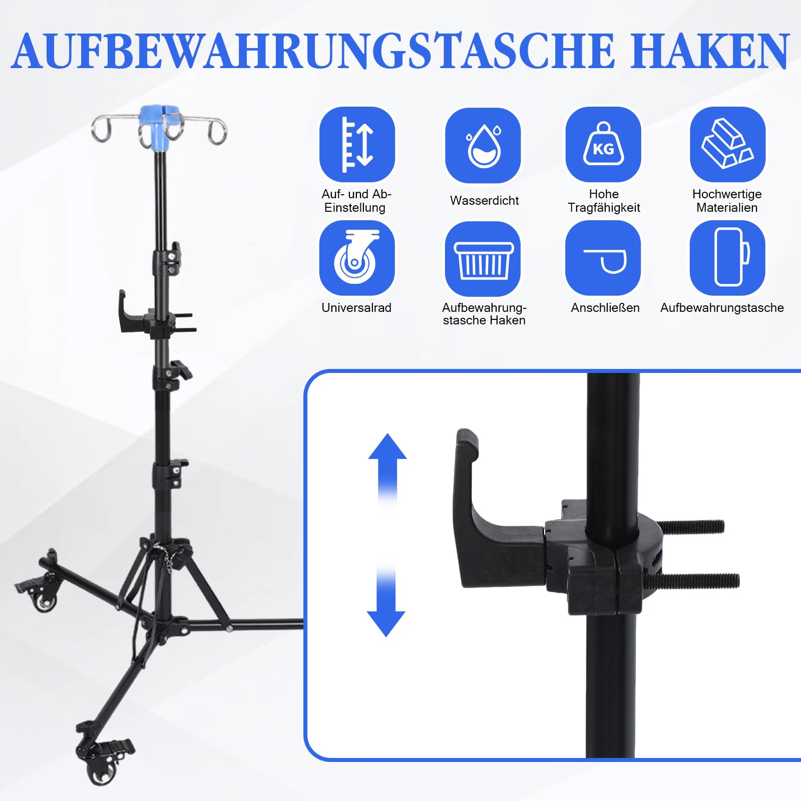 Supporto per infusione con ruote e ganci, pieghevole, regolabile in altezza, con 4 ganci e 3 ruote, supporto portatile per infusione per ospedale, assistenza domiciliare e in viaggio (con ganci)
