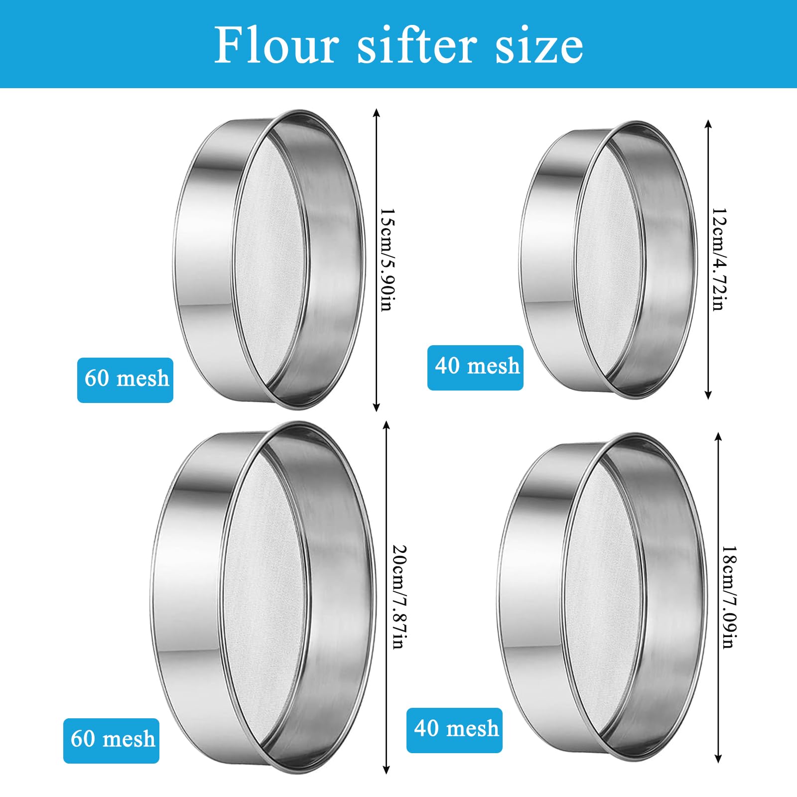 Rundes Fein Mehlsieb, 4pcs Mehlsieb,Edelstahl Fein Mehl Sieben Puderzuckerstreuer Puderzuckersieb Puderzuckermühle Staubzuckerstreuer Kakaostreuer Staubzuckermühle Puderzucker Mühle