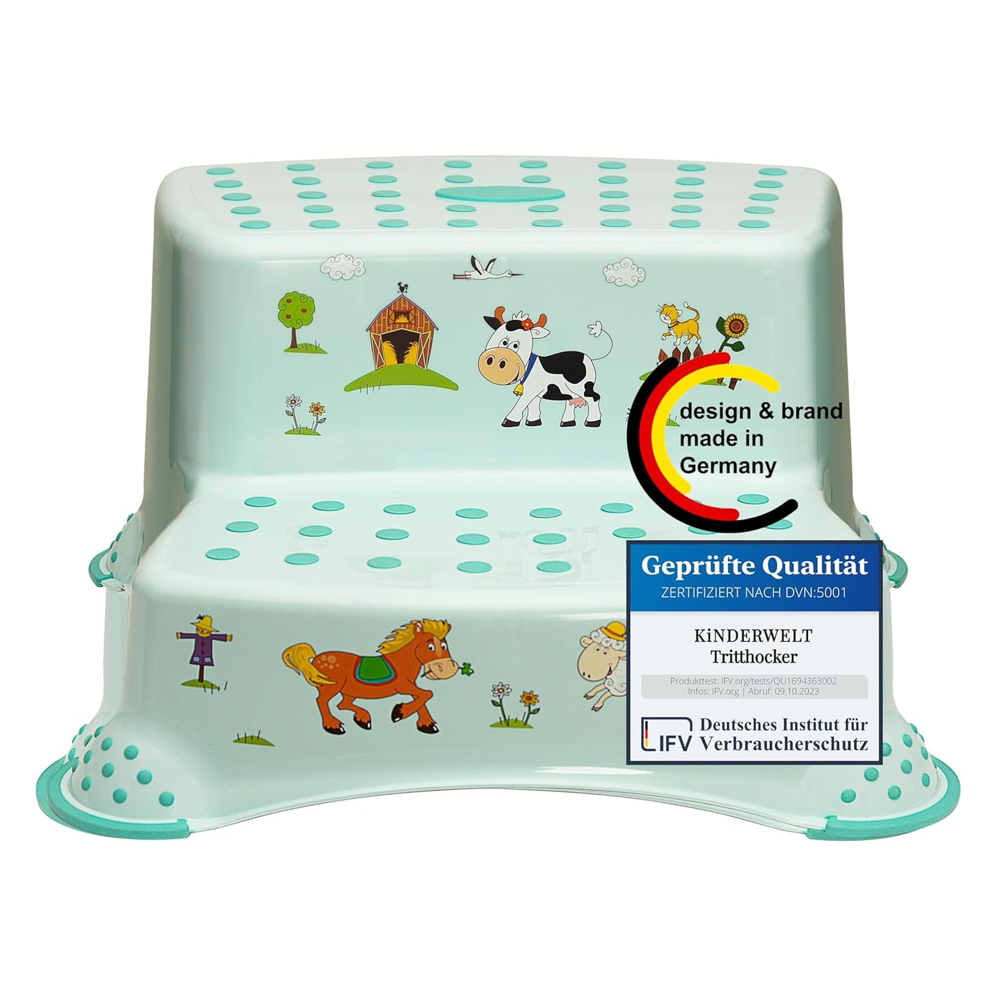 KiNDERWELT Premium zweistufiger Tritthocker für Kinder und Babys, Bauernhof Design in Aquamarin, Tritthocker 2 Stufen für Kleinkinder ab 3 Jahren, abwischbar, rutschfest und BPA-frei