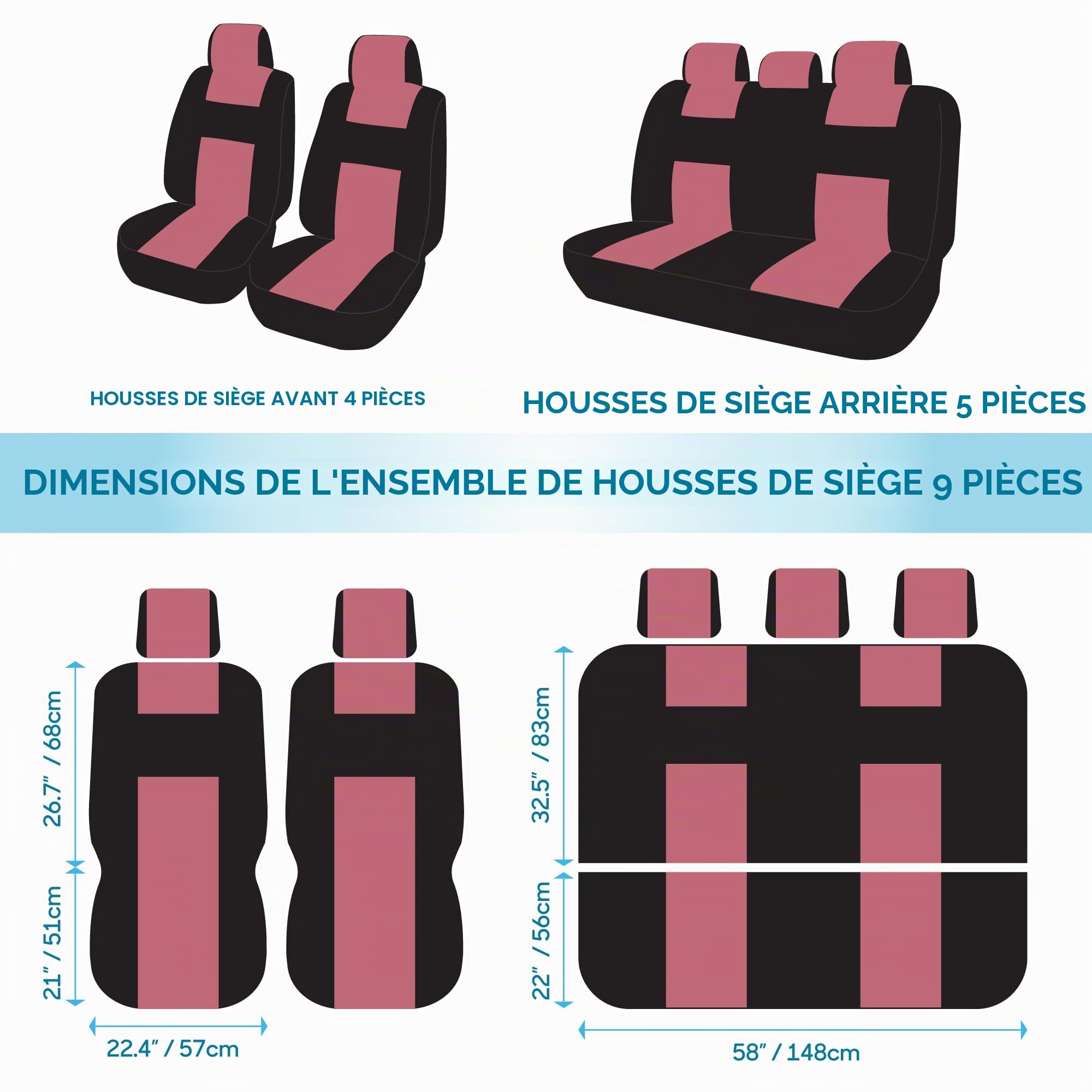 BDK PolyPro Ensemble Complet de Housses de siège de Voiture en Rose sur Noir - Banquette Avant et arrière divisée pour Voiture, Facile à Installer - Accessoires de Voiture, camions, camionnettes, SUV