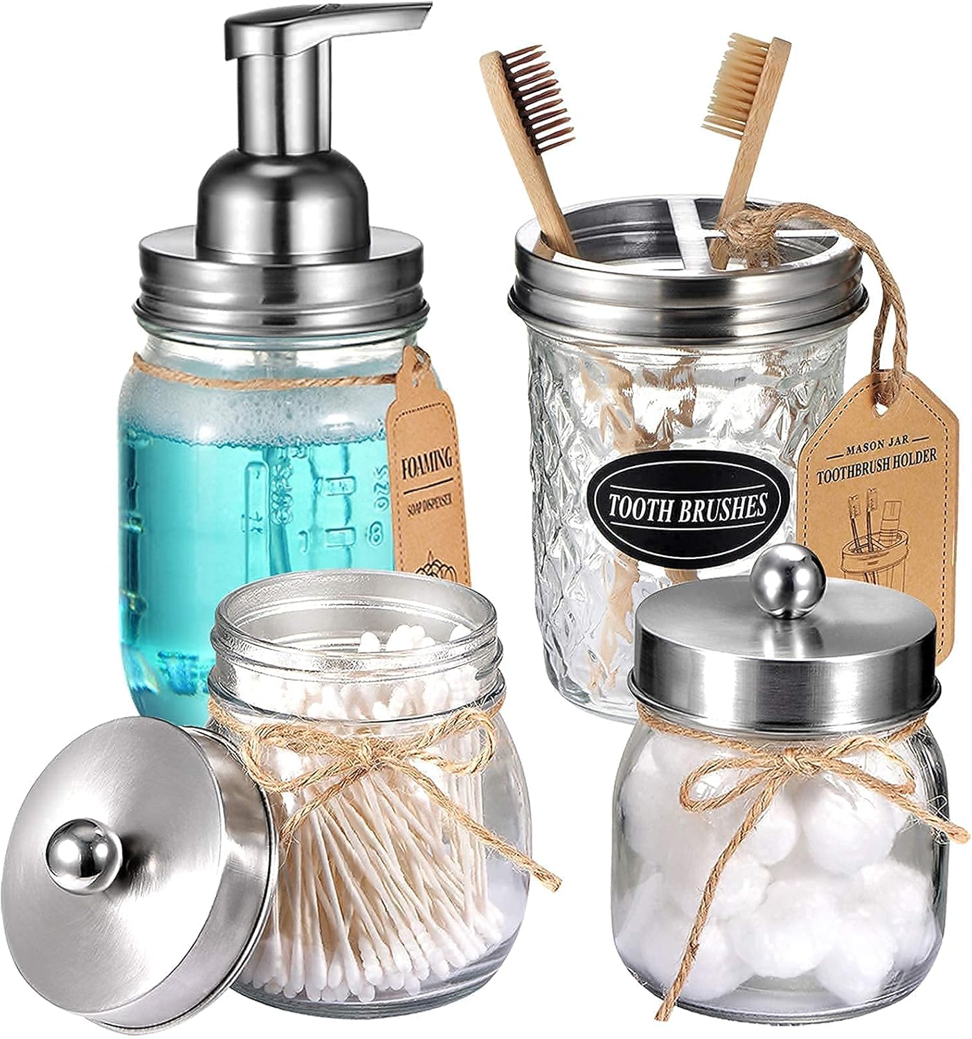 4PCS & 2pcs Brushed Nickel Mason Jar Bathroom Accessories Set-3pcs Foaming Soap Dispenser & 2pcs Cotton Swab Holder &1pcs Toothbrush Holder,Waterproof Stickers,Rustic Farmhouse Decor