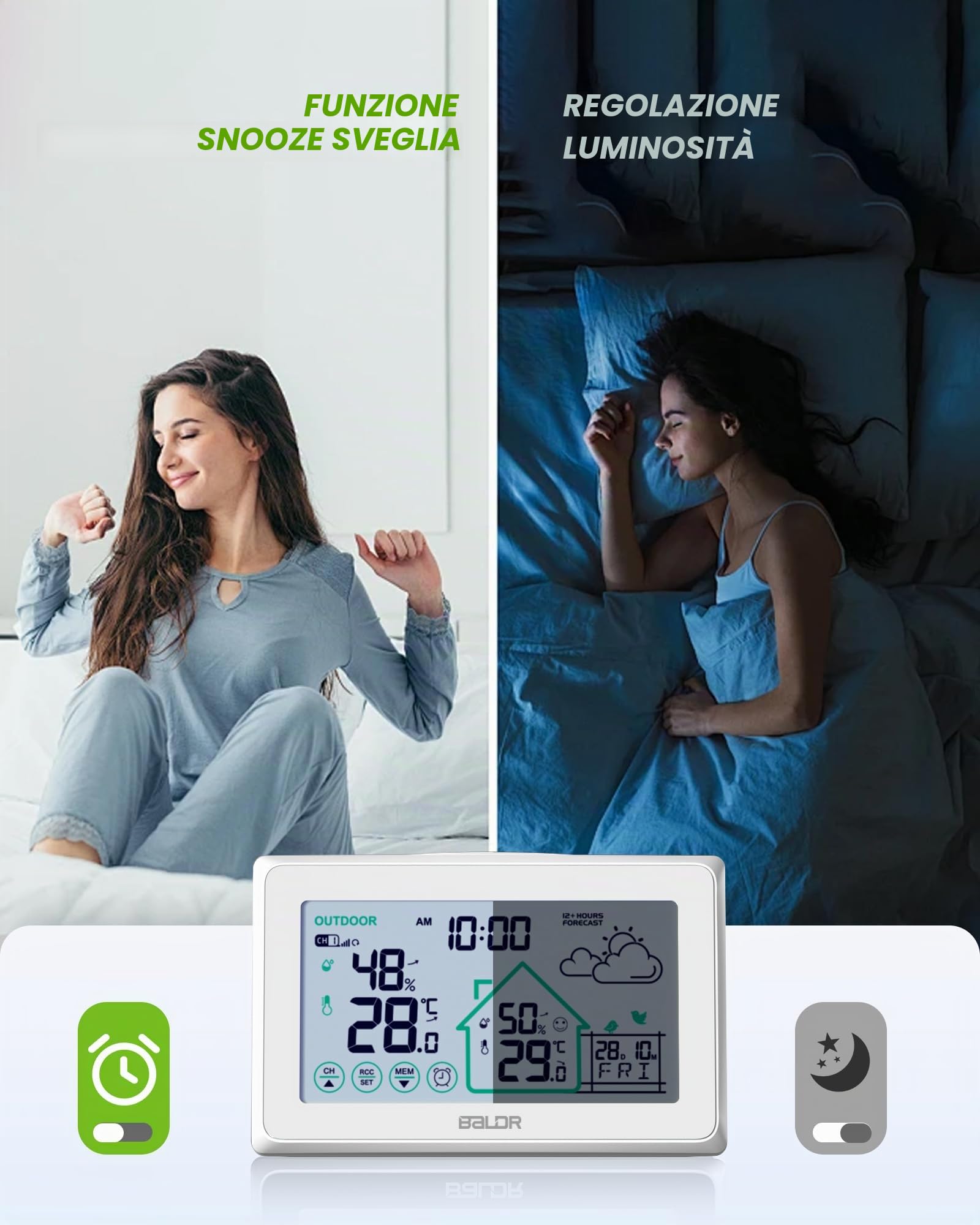 BALDR Stazione Meteo LCD con Sensore Esterno, Stazione Metereologica con Previsioni Meteo, Temperatura e Umidità, Livello di Comfort, 4 Livelli di Retroilluminazione