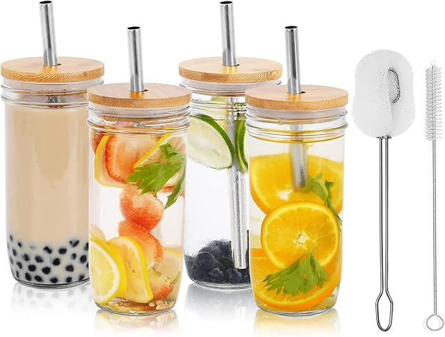 ALINK 4-Pack 24 oz Boba Cup Bubble Tea Cups, Reusable Mason Jar Cups / Wide Mouth Smoothie Cups with Wood Lids and Silver Straws, Iced Coffee Cups, Clear Tumblers Drinking Bottle with Cleaning Brush