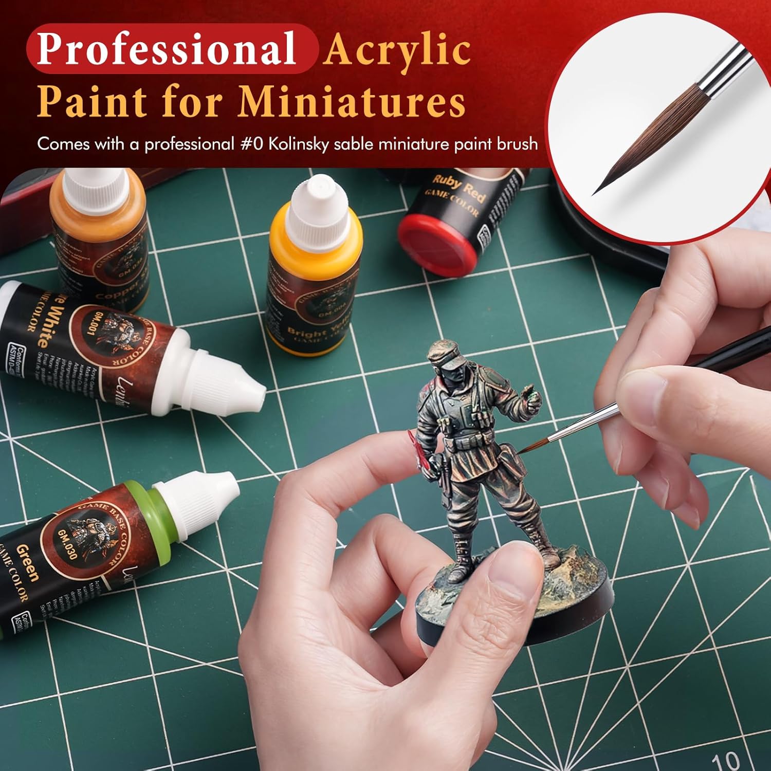 Professional Miniature Paint Set 16 Highly Pigmented Acrylic Colors Models Paints Kit with 1 Kolinsky Brush for Fantasy Wargames Figures (20ml 0.67 Fl Oz)