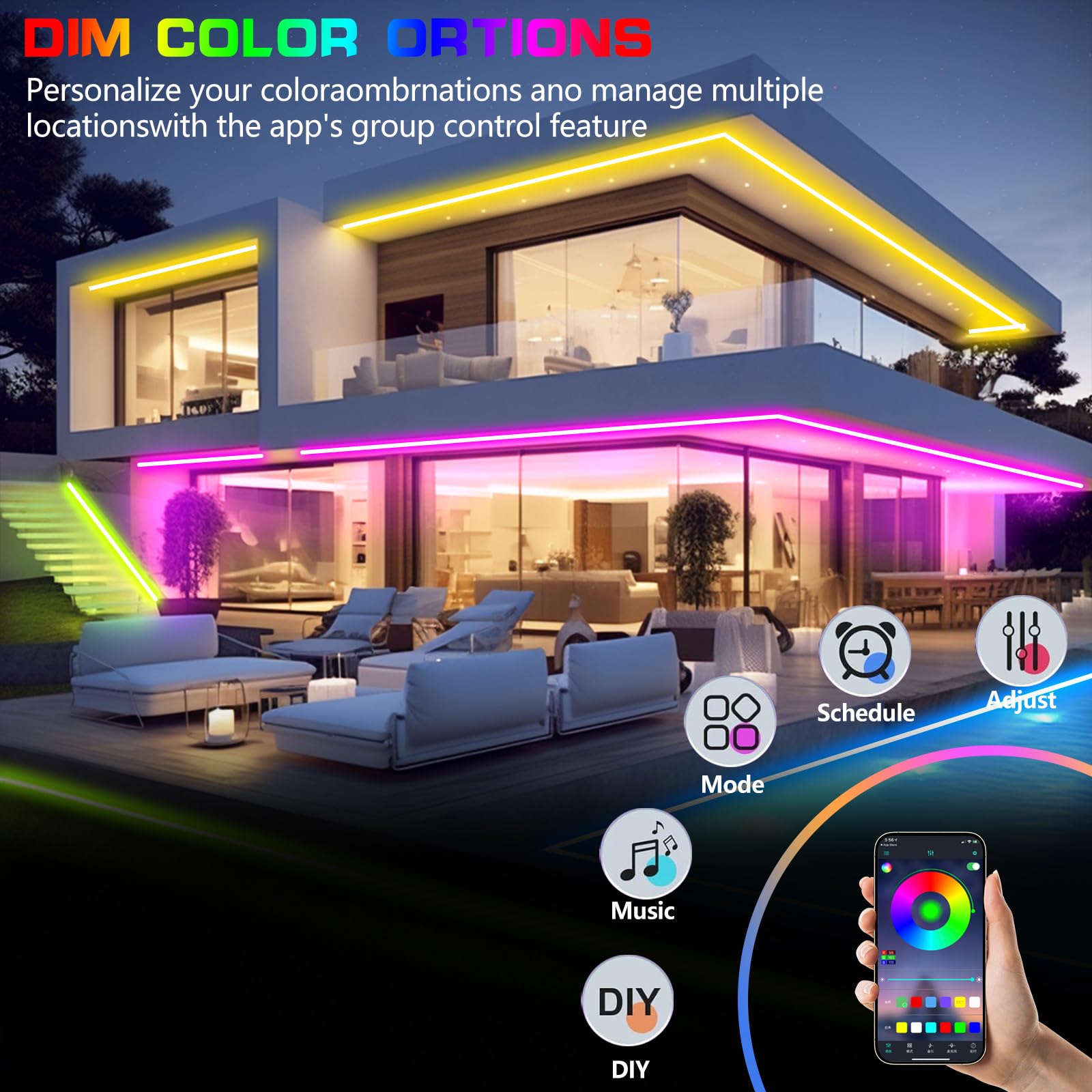 300ft Outdoor Led Strip Lights Waterproof IP68 with Self-Adhesive, Music Sync,Wireless Remote & App Control,RGB Color Changing Exterior Led Rope Lights for Halloween Decorations, Christmas